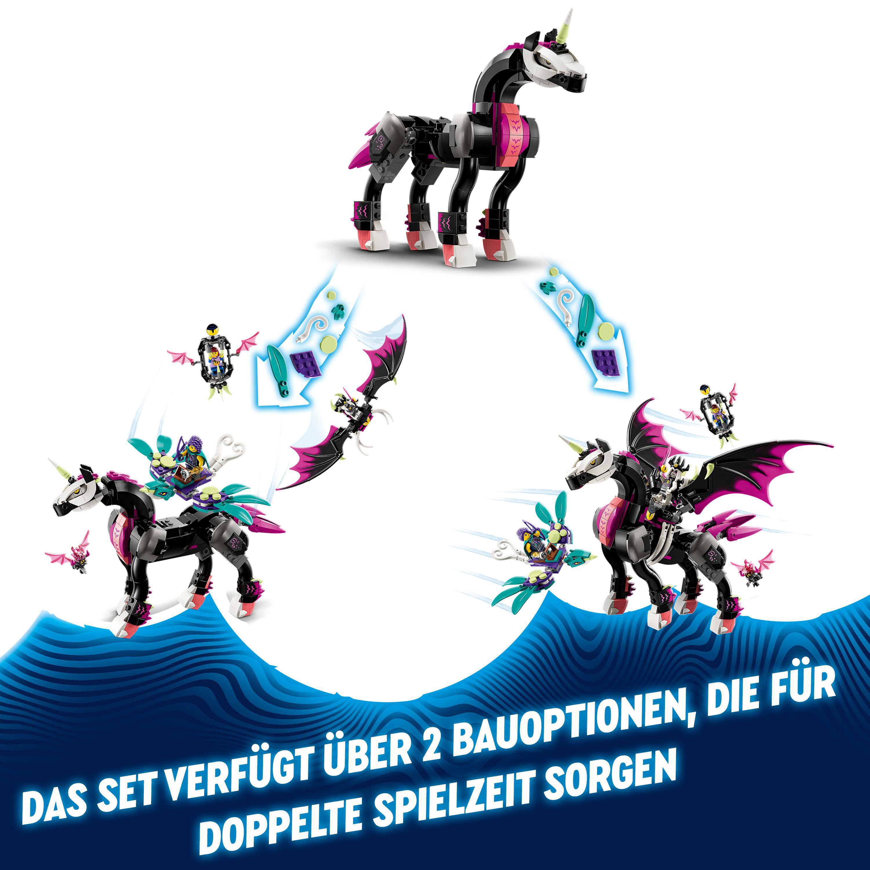 Ein Lego-Einhorn wird in drei Konfigurationen mit fliegenden Figuren und Text unten dargestellt.