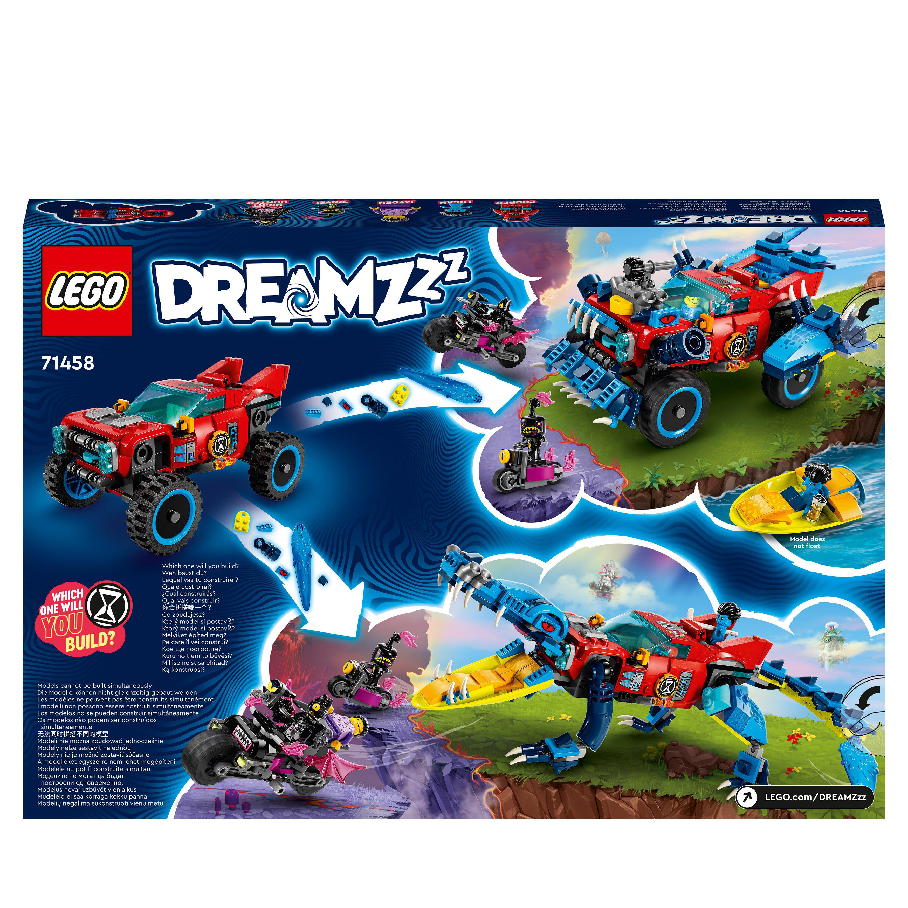 Rückseite einer Lego Dreamzzz Box, zeigt mehrere Bauoptionen für Spielzeugfahrzeuge.