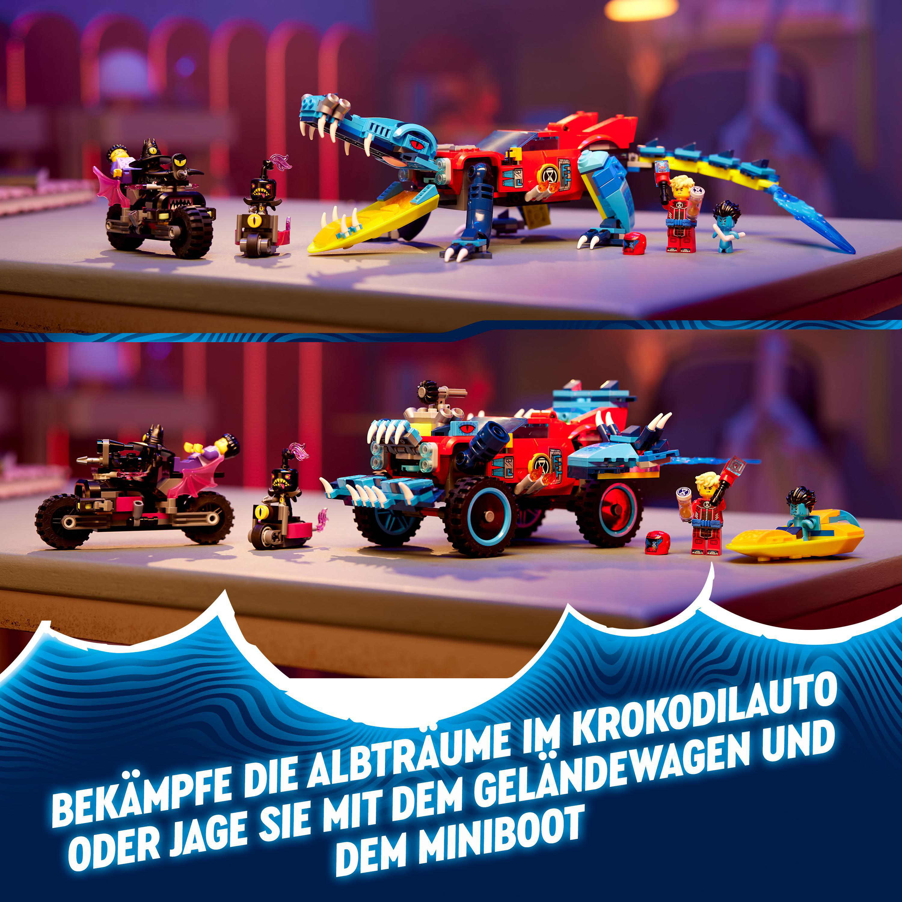 Lego-Set mit Monstertrucks und Figuren. Ein krokodilförmiges Auto und ein Boot sind zu sehen.