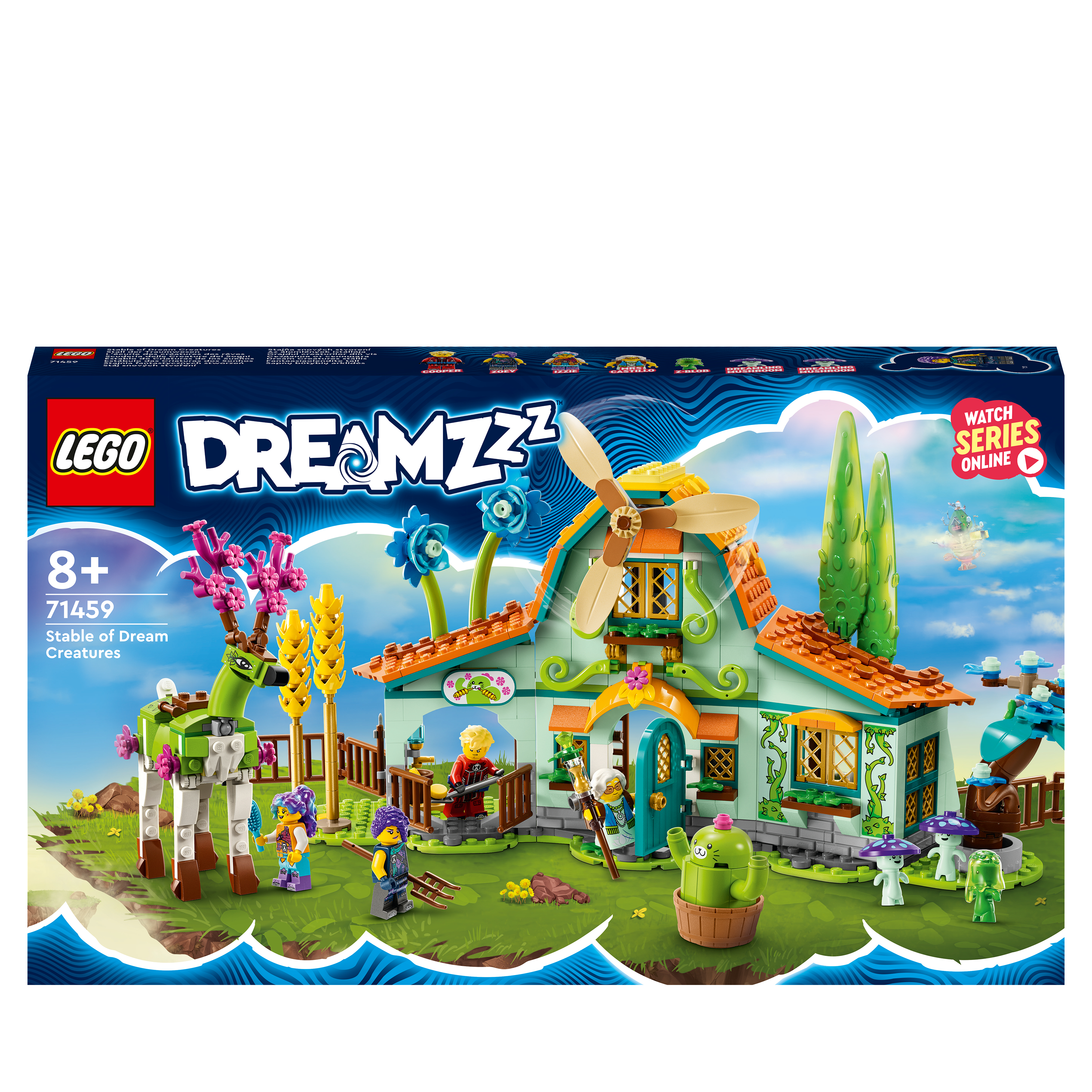 Lego Dreamzzz-Set mit einem Haus, Charakteren und einer Windmühle. Es ist auf weißem Hintergrund.