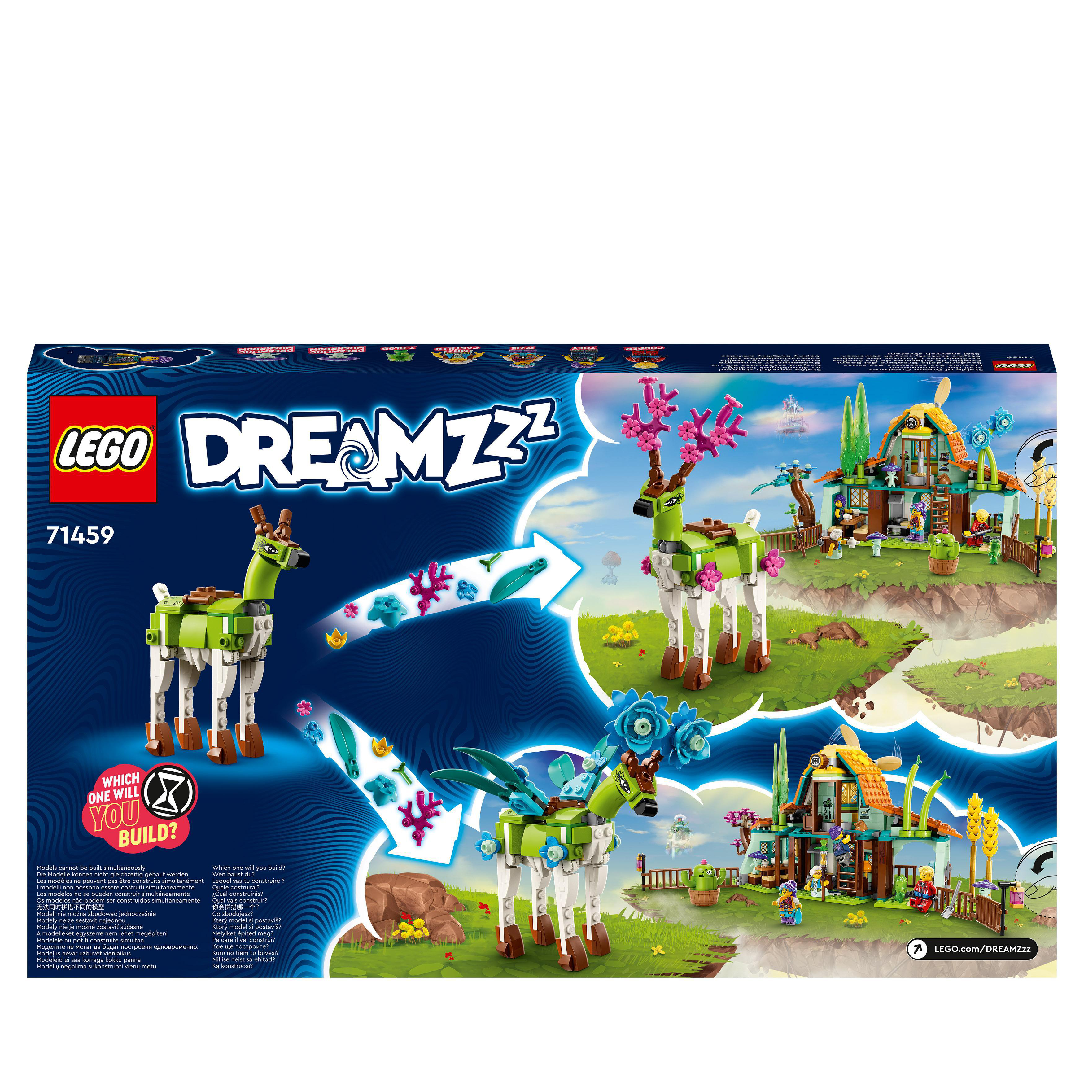 LEGO Dreamzzz Box mit verschiedenen Bauten: Giraffe, fliegendes Pferd und Haus.