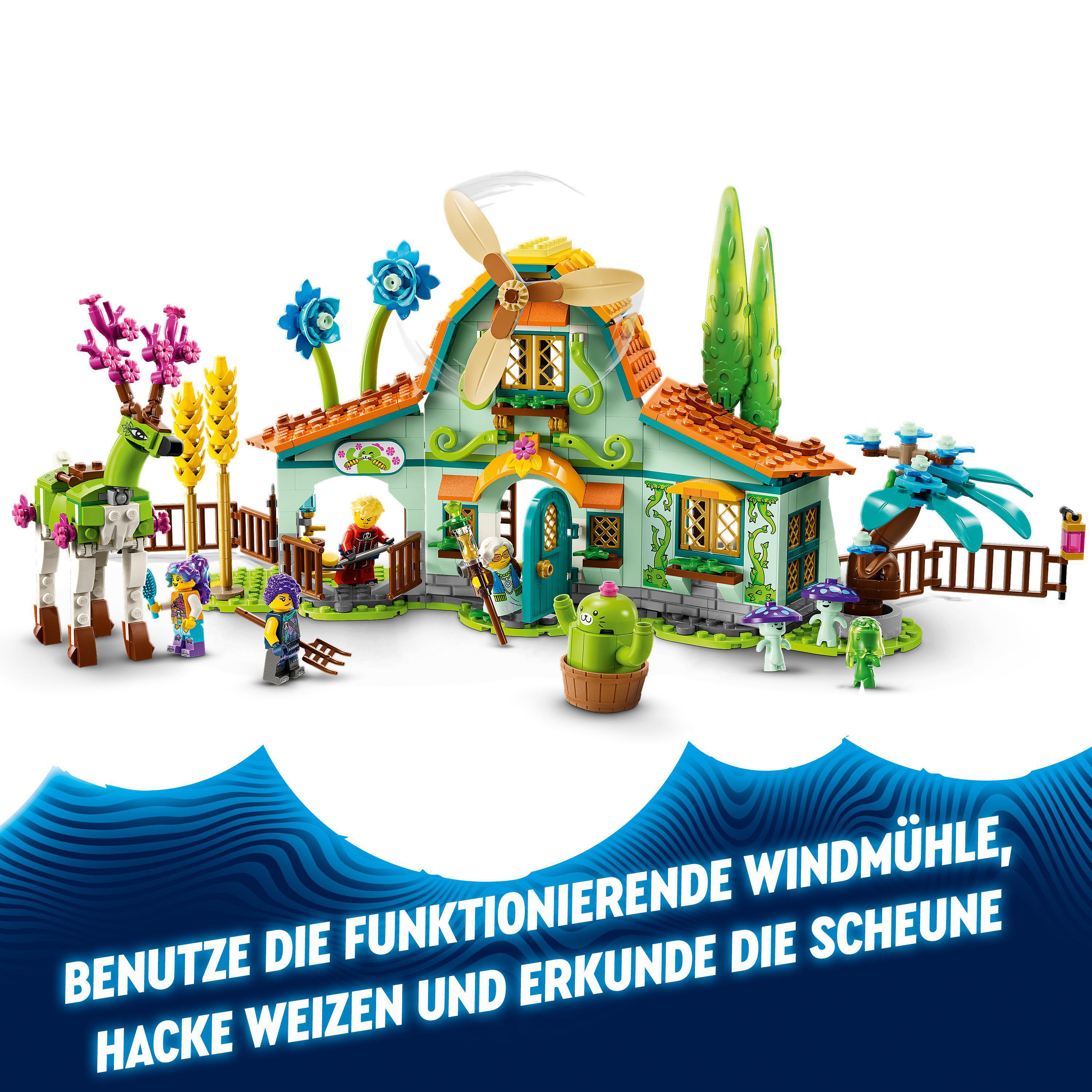 Vier Lego-Minifiguren und ein zusammengebautes Lego-Fahrzeug.