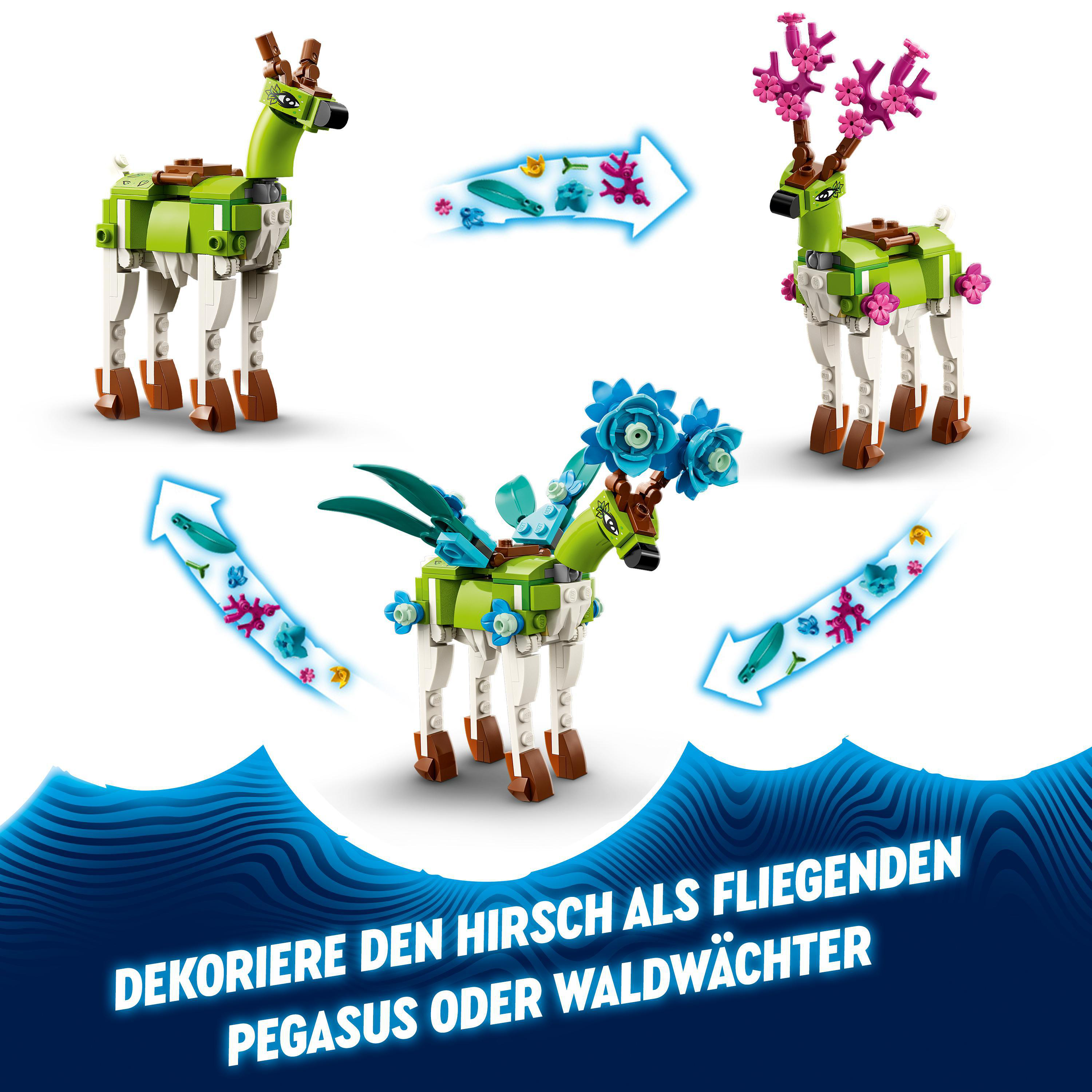 Lego Hirschfiguren, die als fliegender Pegasus oder Waldwächter dekoriert werden können.