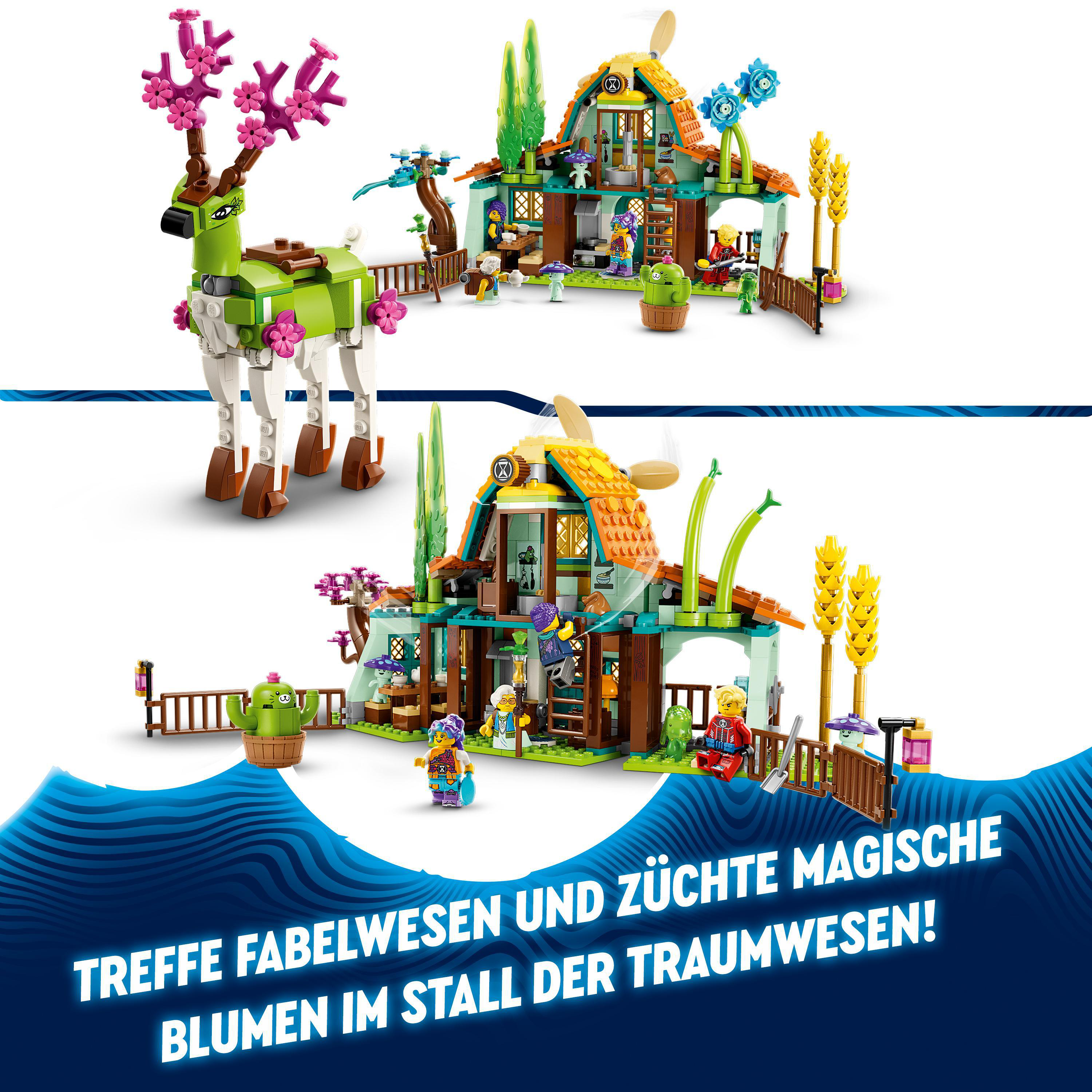 Zwei Lego-Modelle eines Hauses mit einem Hirsch und Text: 'TREFFE FABELWESEN...'