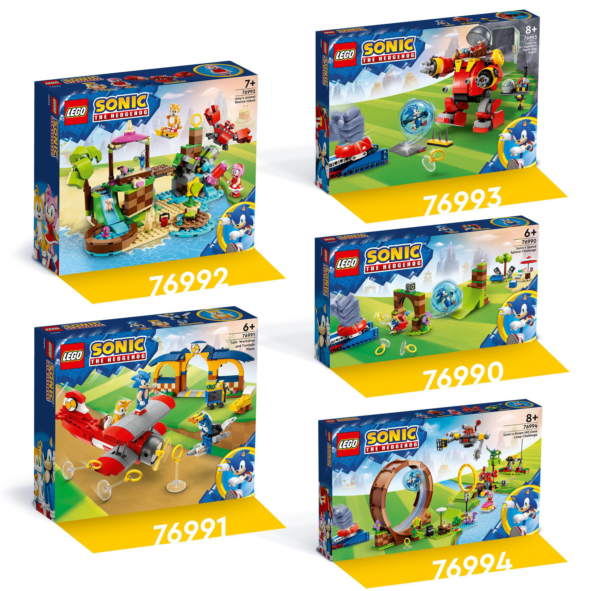 Fünf LEGO Sonic the Hedgehog Sets. Kartons zeigen Charaktere und Szenen.