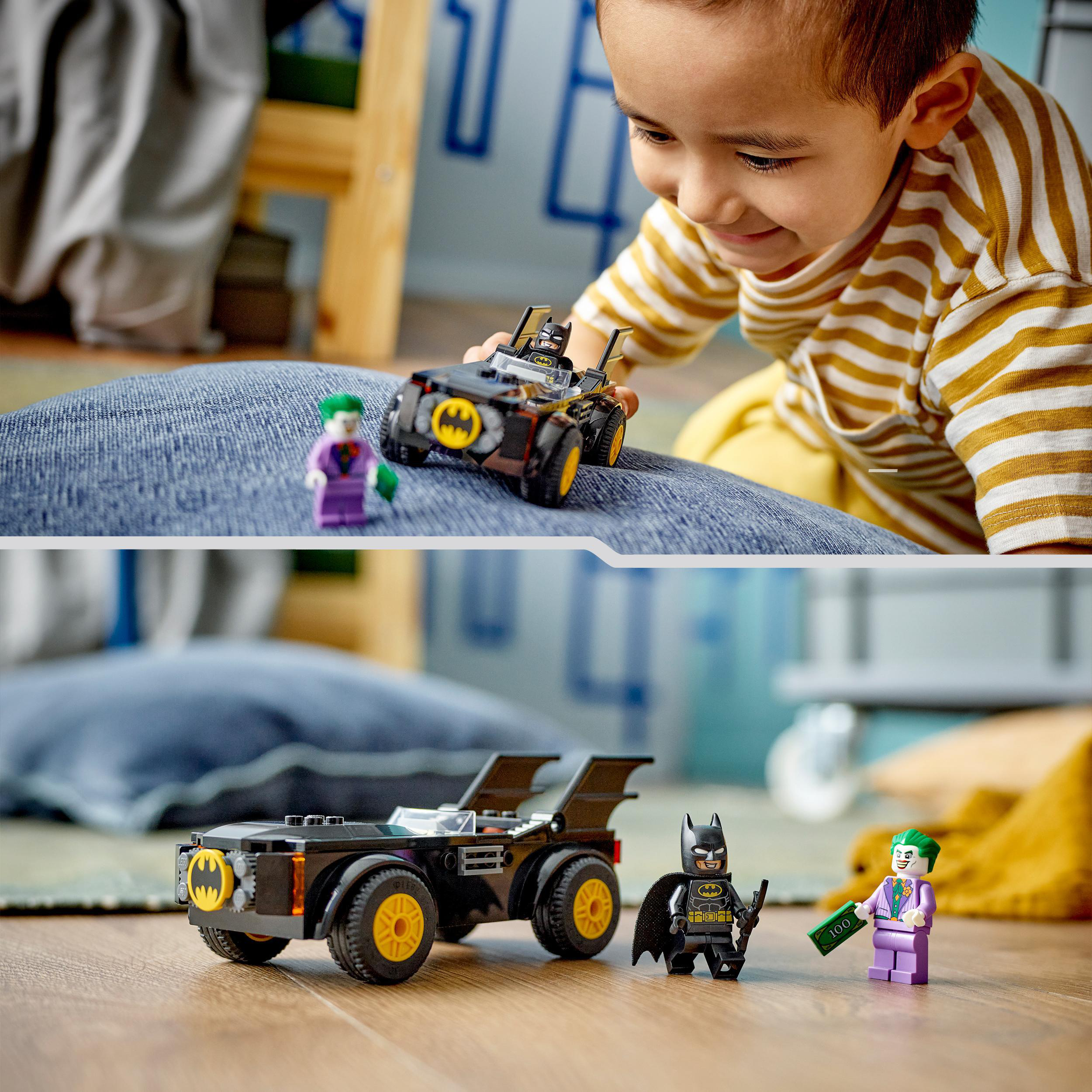 LEGO DC 76264 Verfolgungsjagd Joker im Bausatz, Batman Mehrfarbig vs. Batmobile