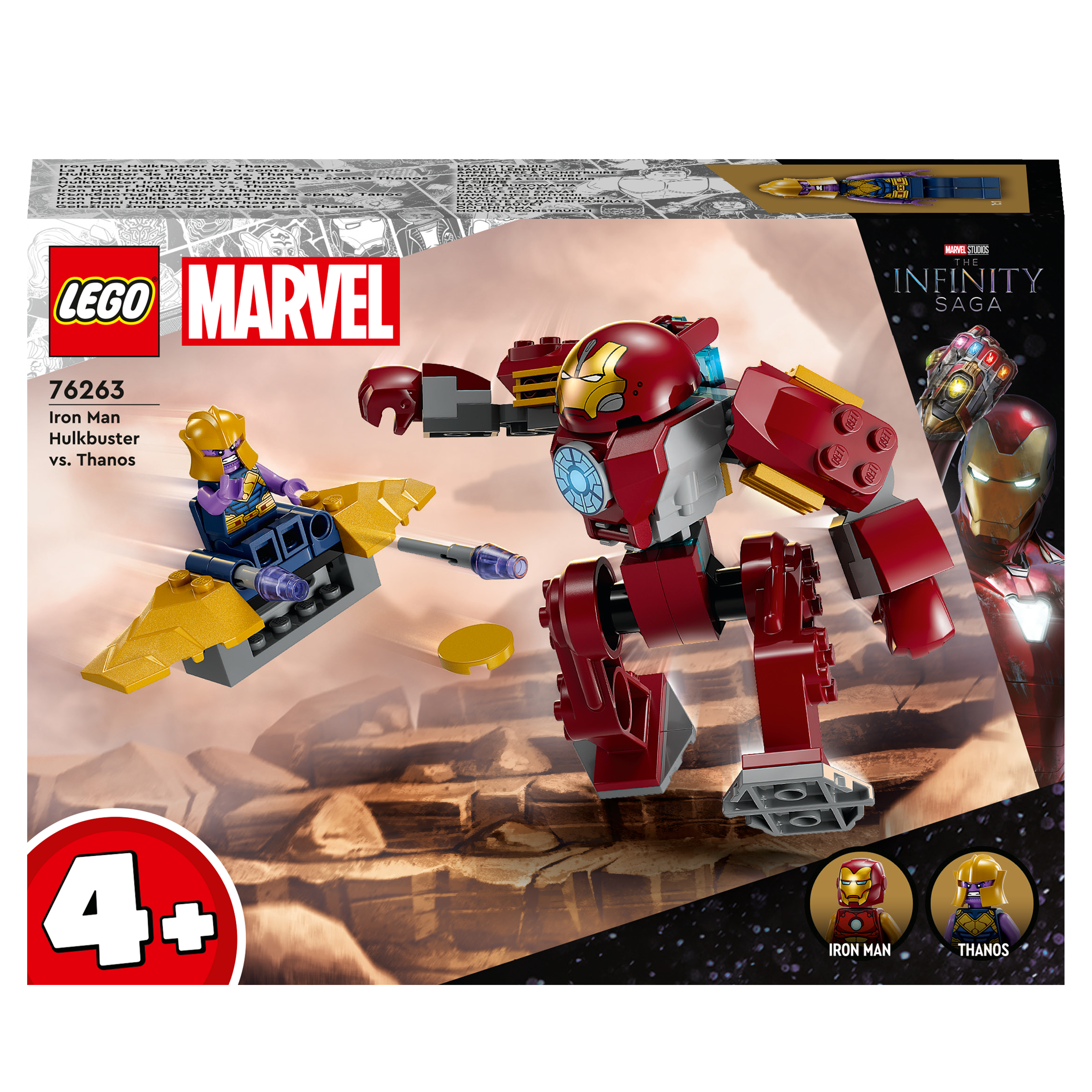Ein Lego Marvel-Set. Zeigt Iron Mans Hulkbuster gegen Thanos und andere Figuren.