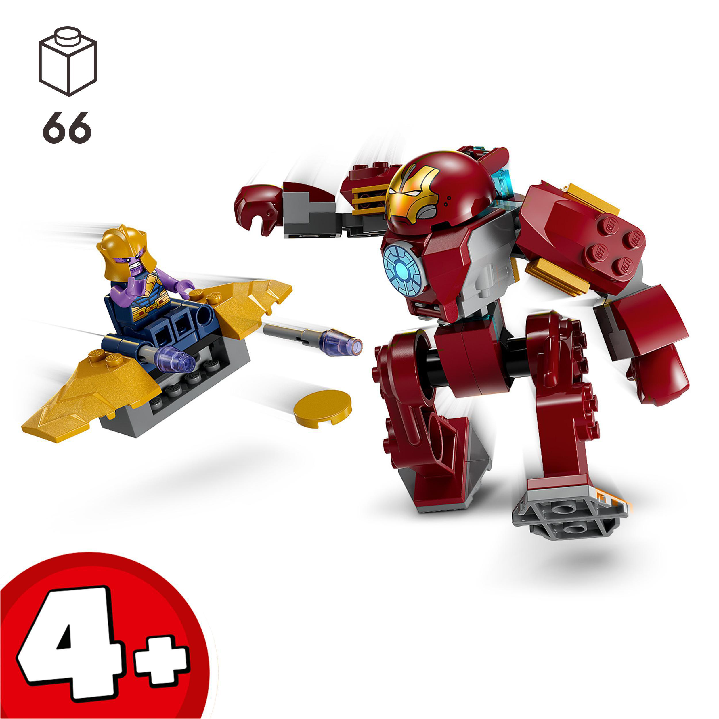 Eine Iron Man LEGO-Figur kämpft gegen Thanos auf einem fliegenden Fahrzeug. Das Set ist für Kinder ab 4 Jahren.