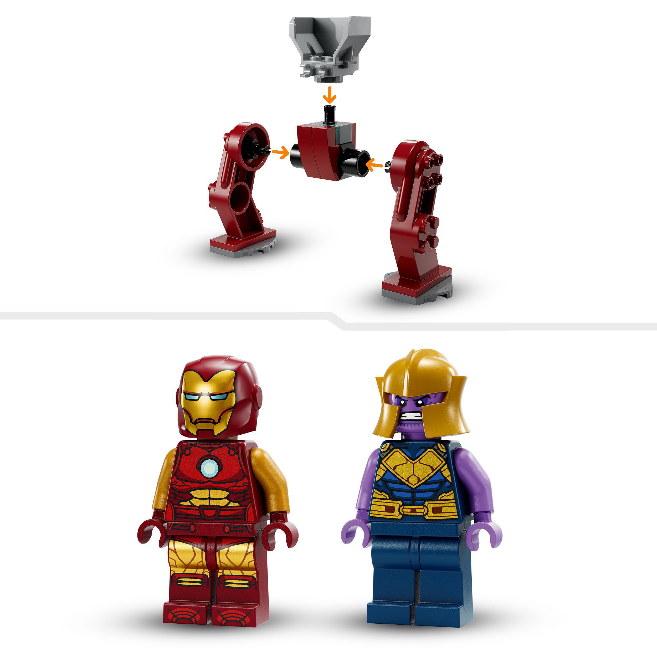 Lego-Set zeigt die Montage von Iron Man und Thanos Figuren. Teile werden verbunden. Fertige Figuren unten.
