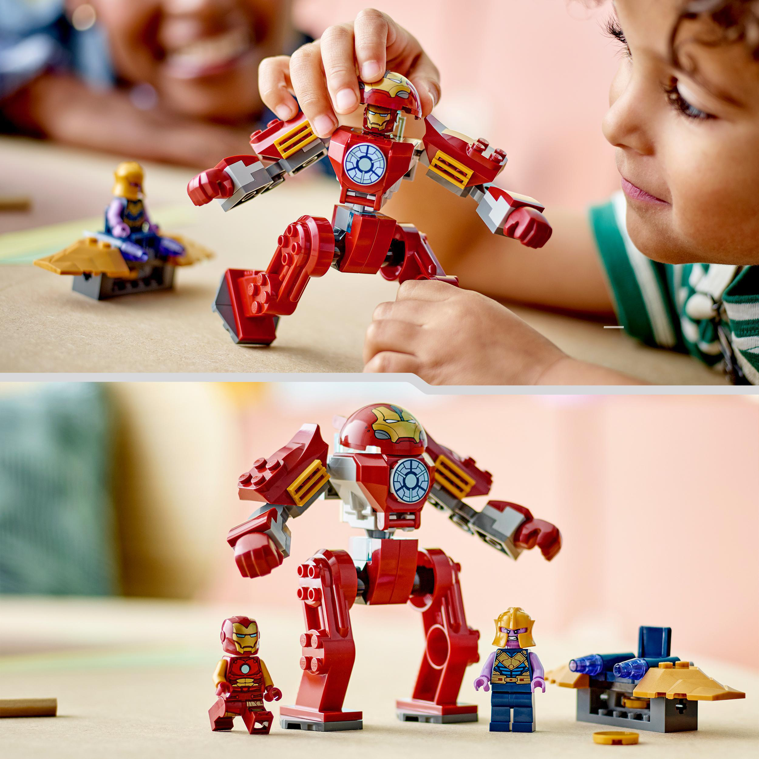 Kind spielt mit einer roten LEGO Iron Man Figur. Zweites Bild zeigt die Figur montiert.