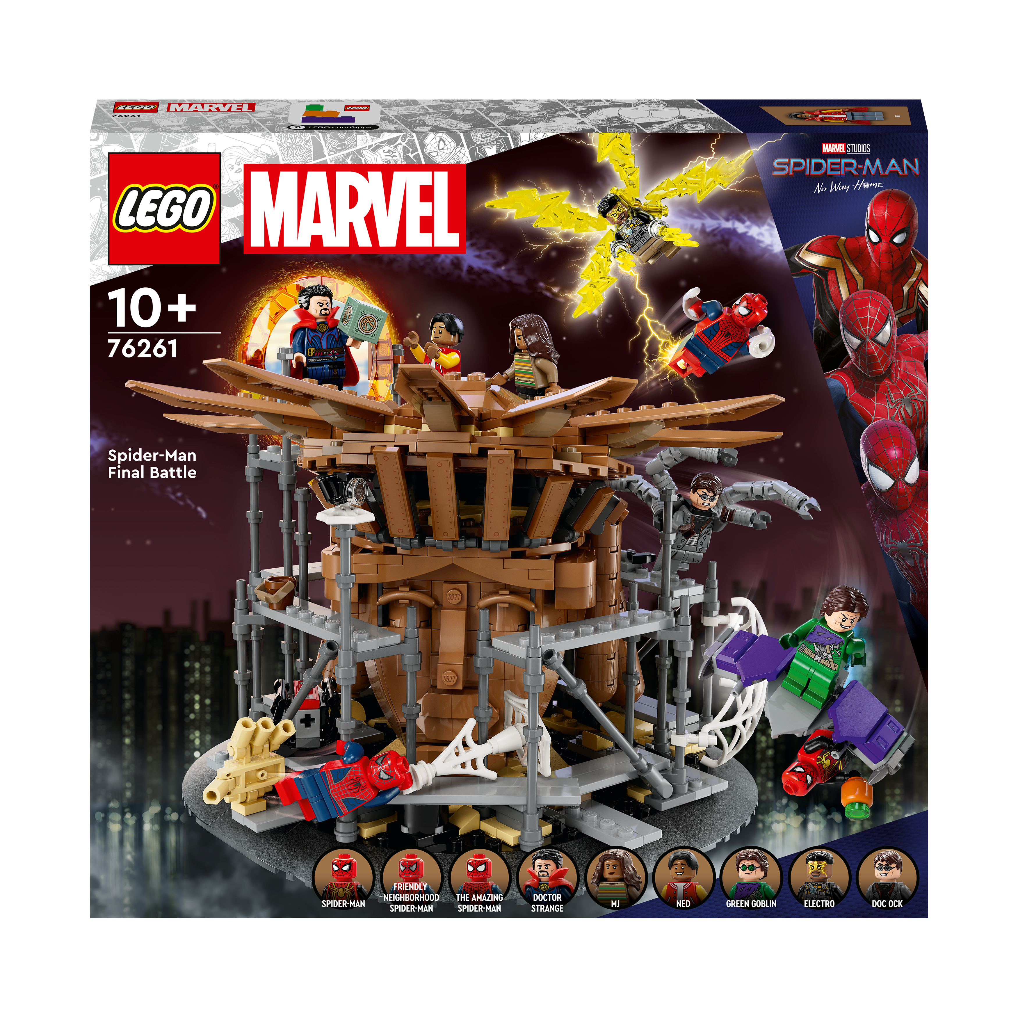 LEGO Spider-Man Set-Box mit mehreren Charakteren und Stadtkulisse.
