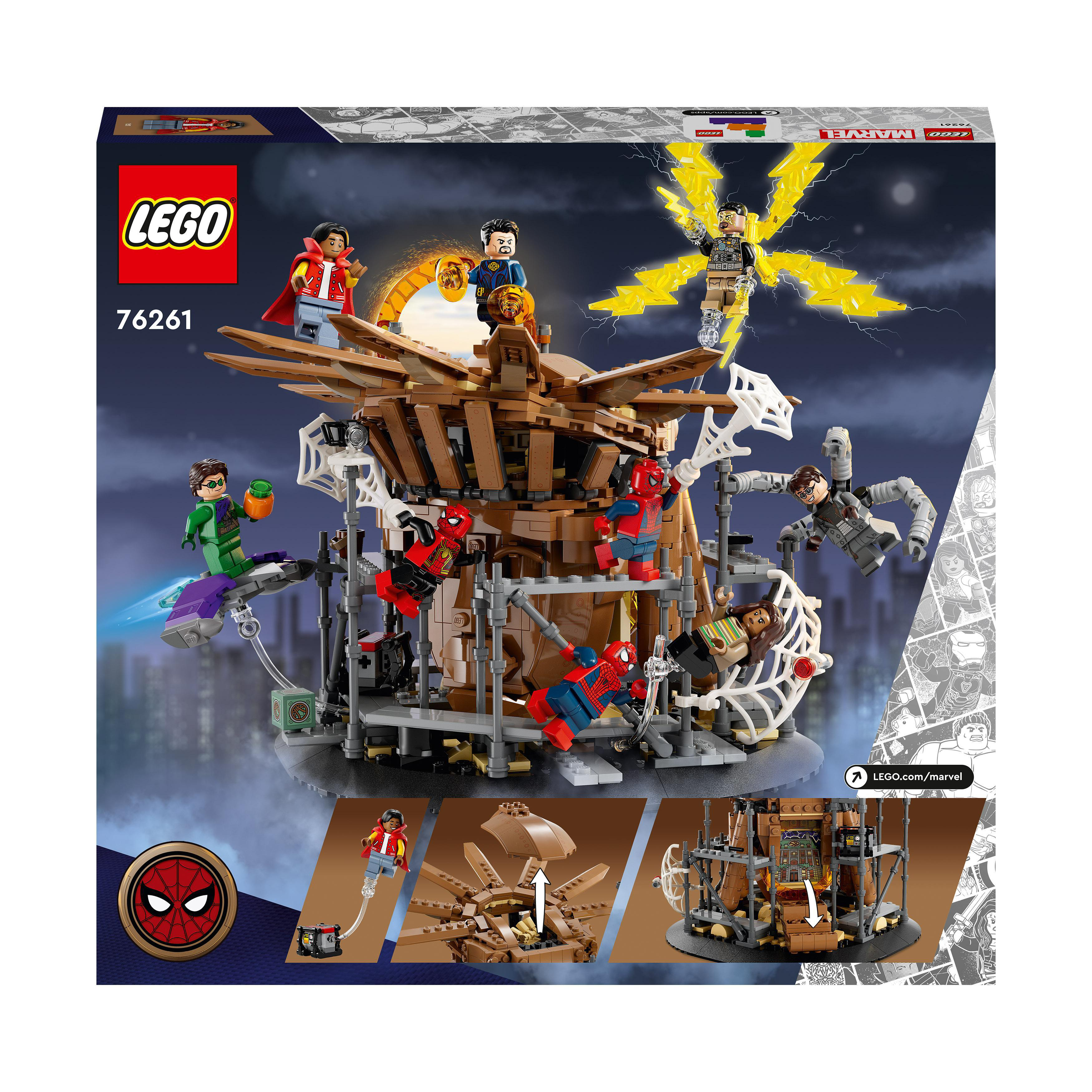 Lego-Box mit Spider-Man-Figuren und einer Struktur aus Holzbalken.