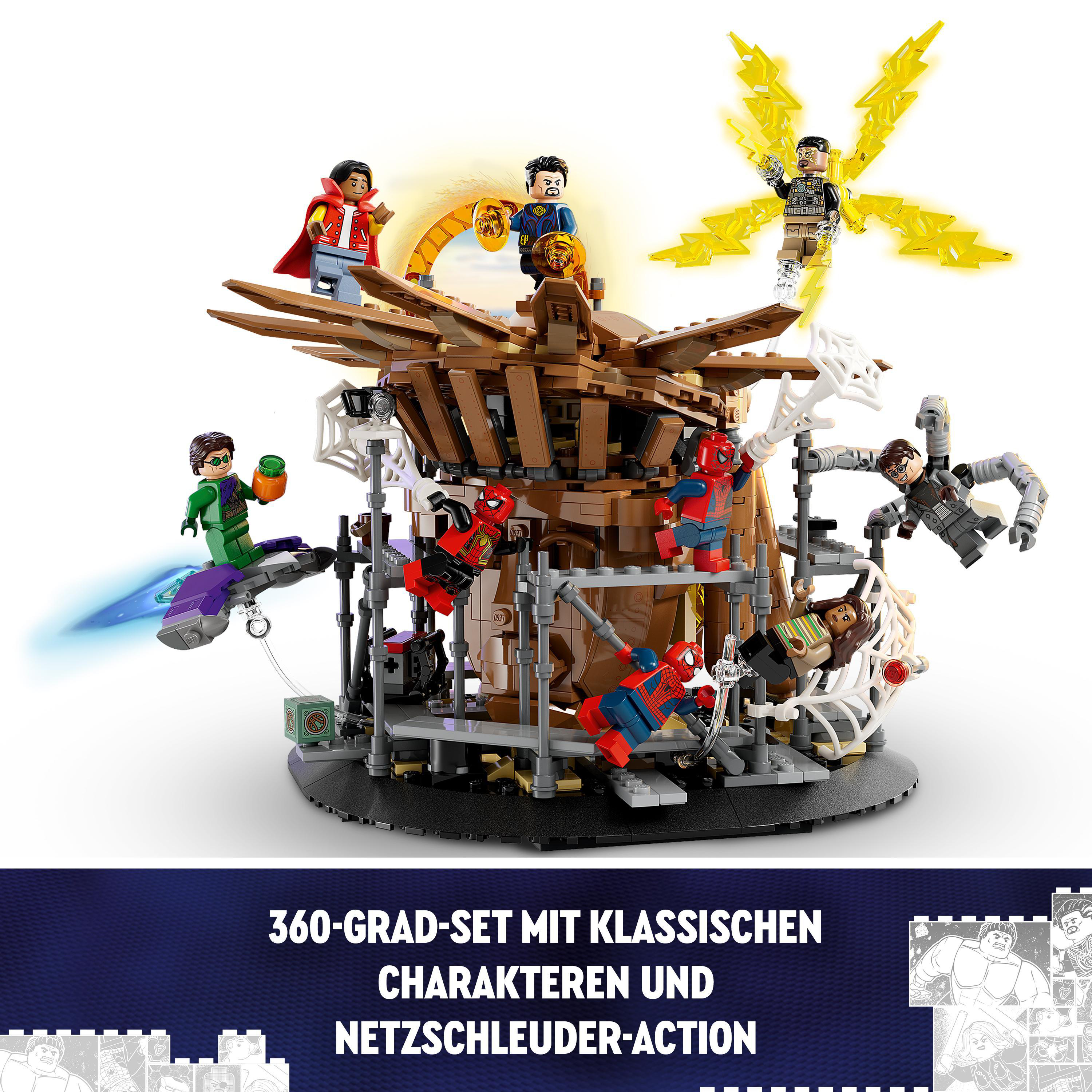Lego-Set mit mehreren Spider-Man-Figuren, Doctor Strange und Schurken in einer mehrstöckigen Struktur.