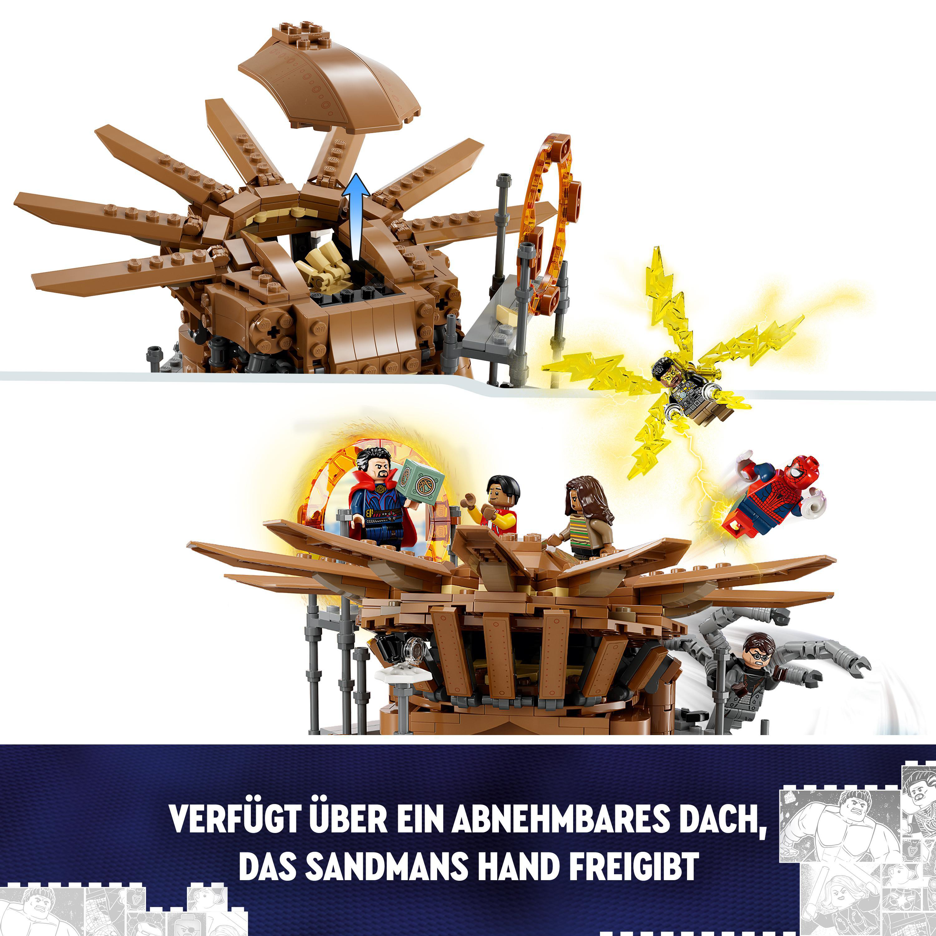 Lego-Set, das eine Kampfszene mit mehreren Charakteren darstellt.