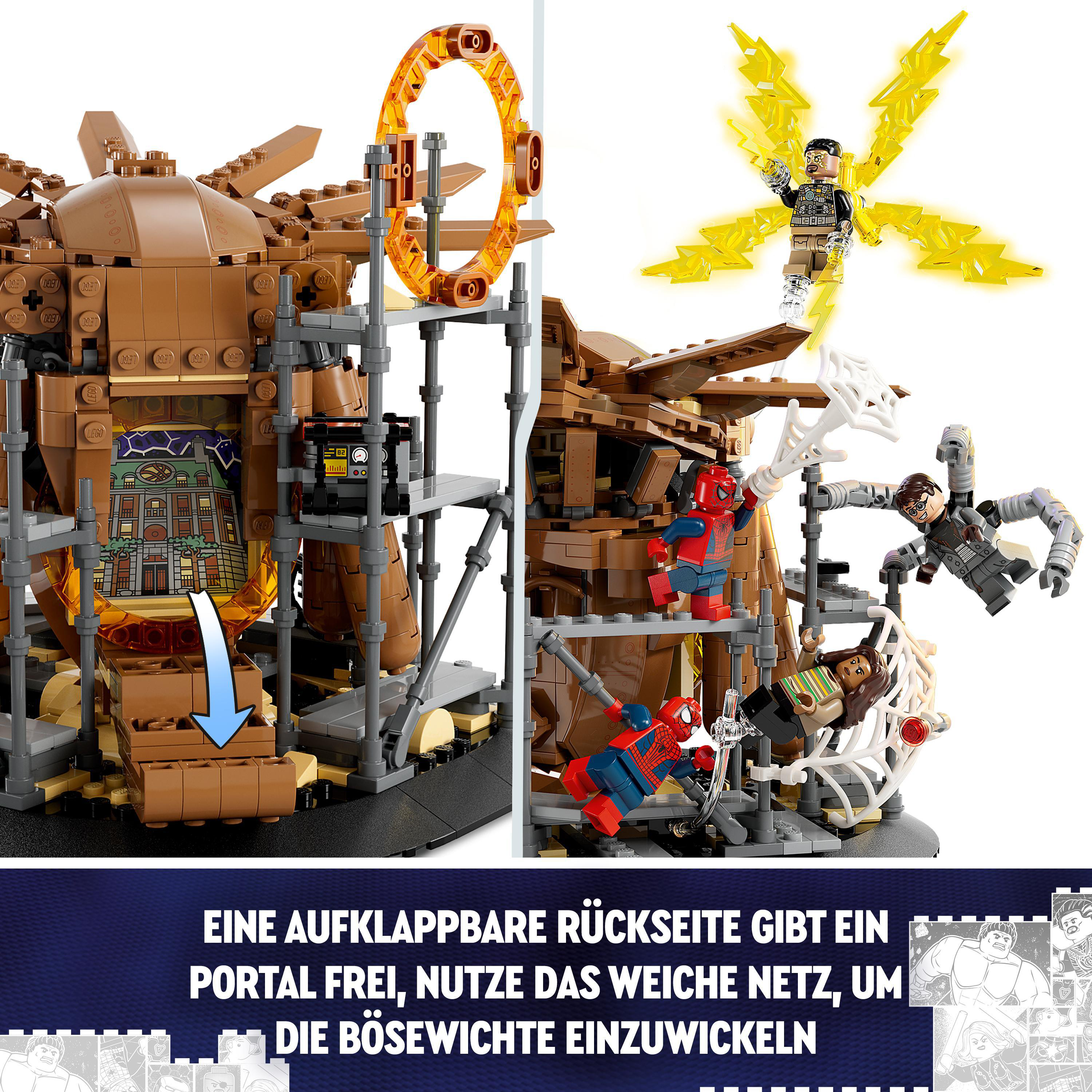 LEGO-Set mit Spider-Man-Figuren, Schurken und einem Portal. Braune Gebäudefassade und gelber Ring.