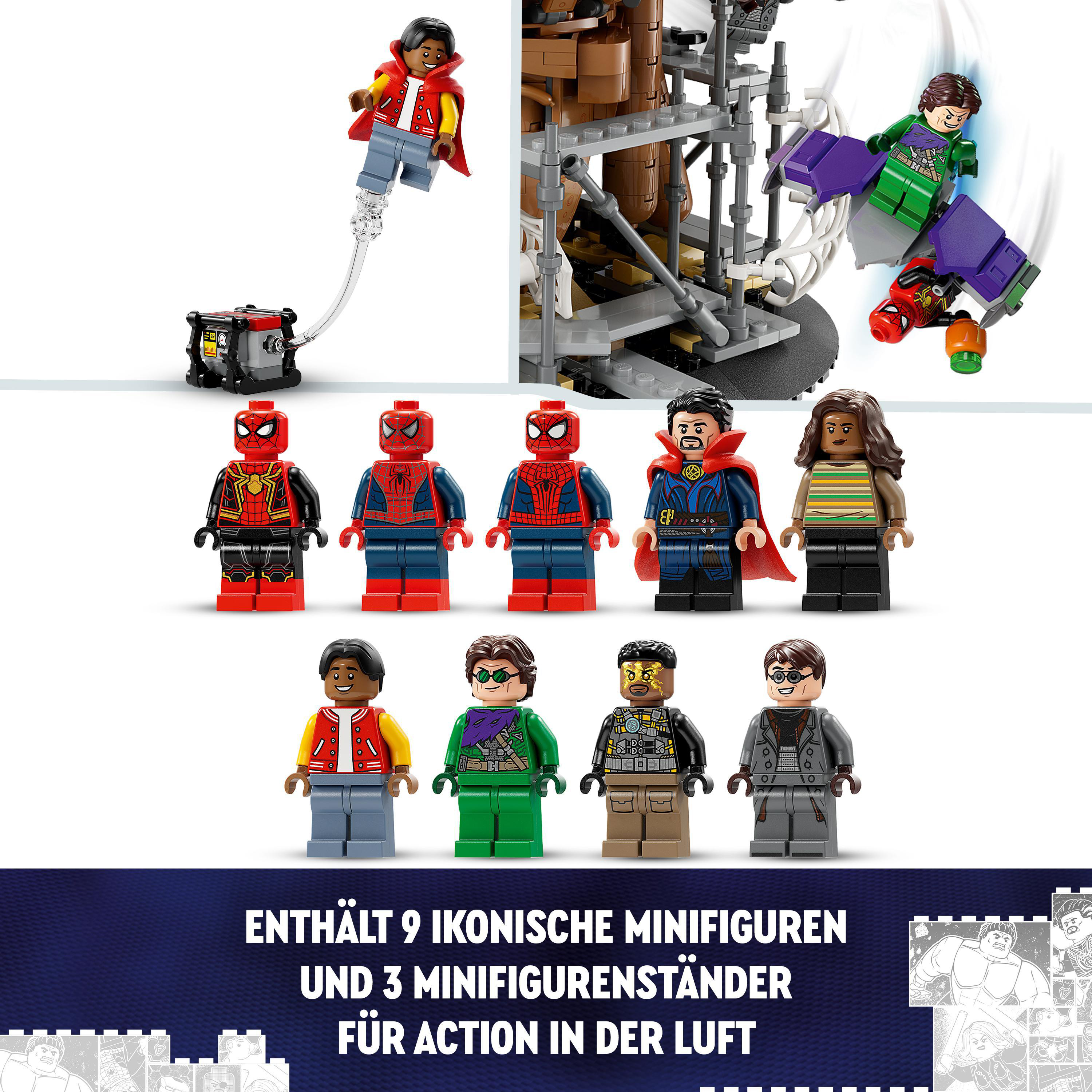 Neun Lego-Minifiguren, darunter Spider-Man und Dr. Strange, und drei Ständer. Text unten.