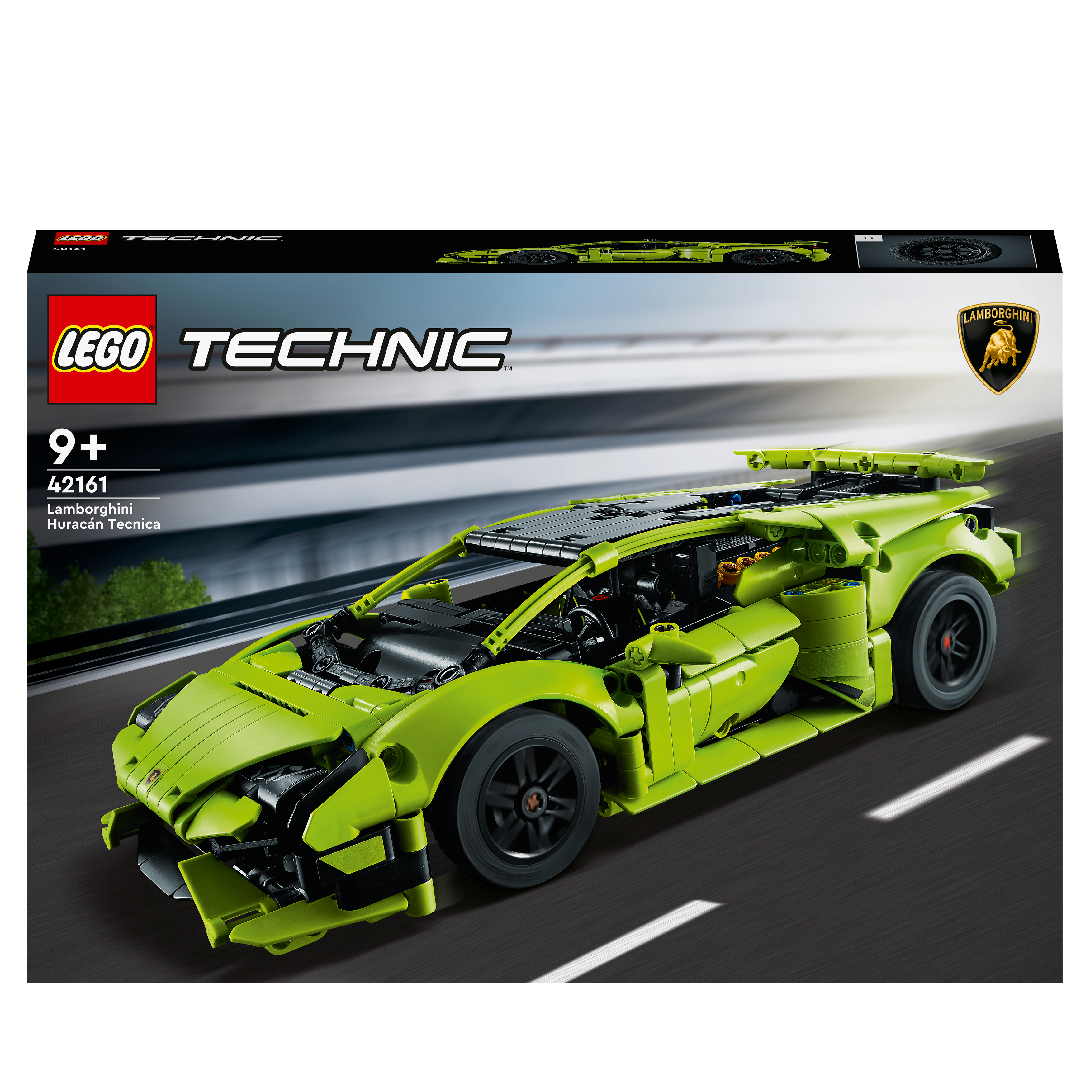 Ein Lego Technic Lamborghini Huracán Tecnica Modell auf schwarzem Hintergrund. Die Box befindet sich oben.