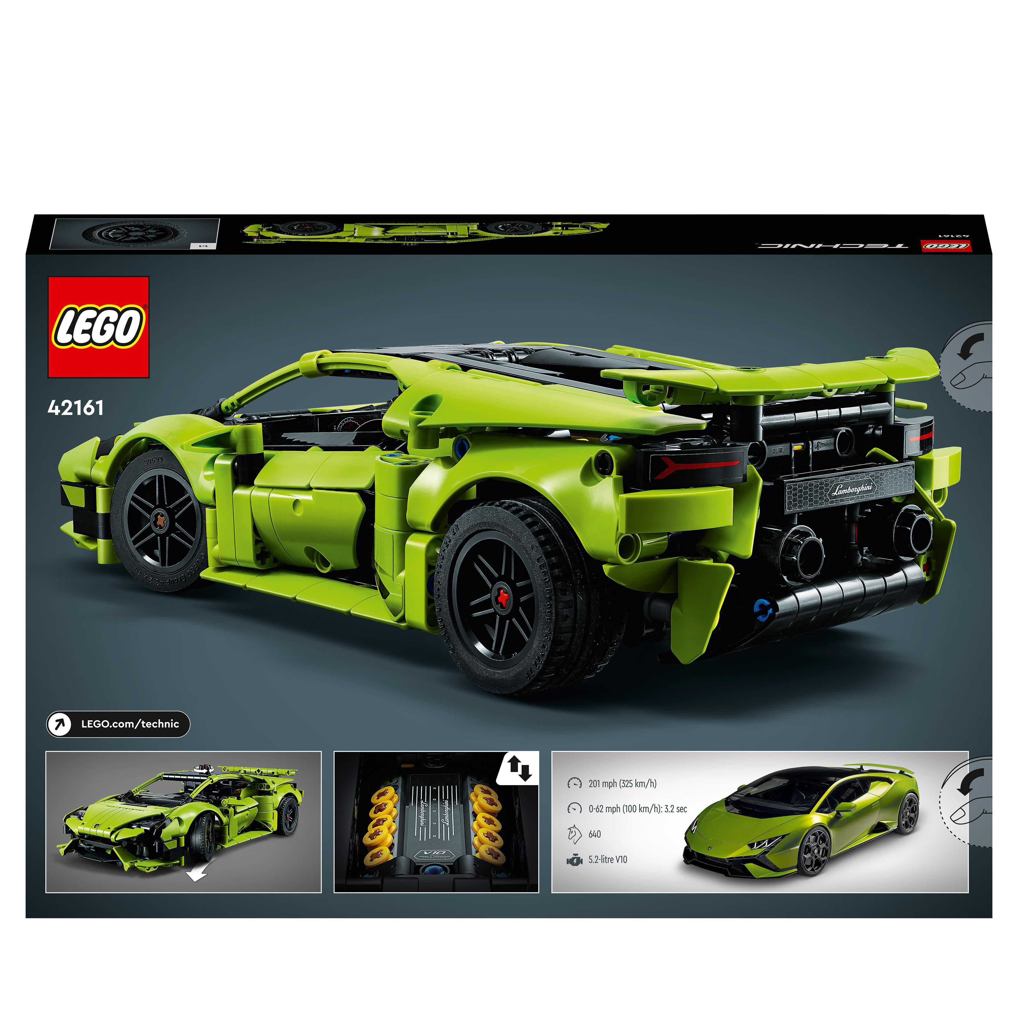 Ein grüner Lego Lamborghini. Es hat eine Box und ein paar kleinere Bilder drumherum mit Details.
