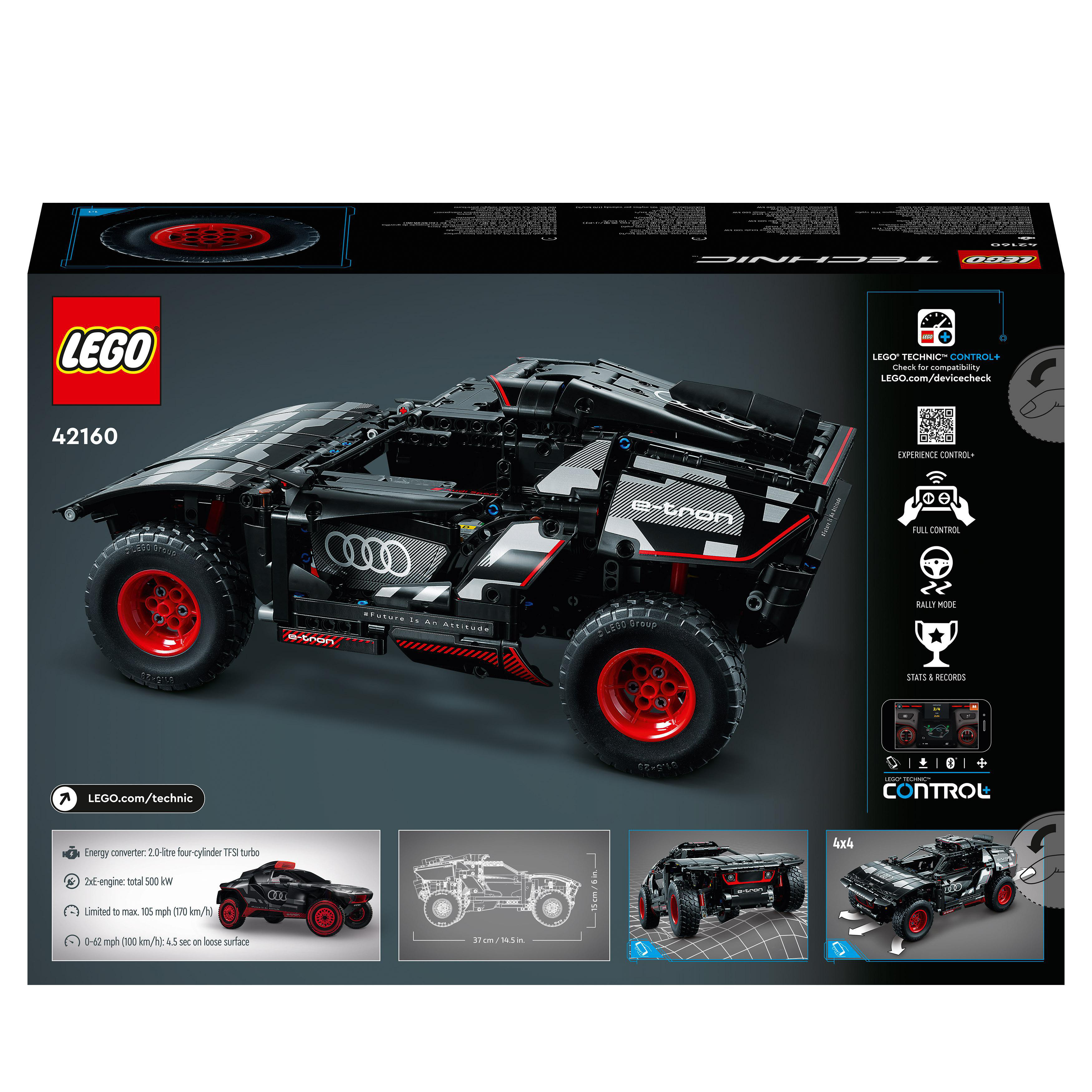LEGO Technic 42160 Audi. Schwarzes und rotes Modellauto auf weißem Hintergrund. Box zeigt Autodetails.
