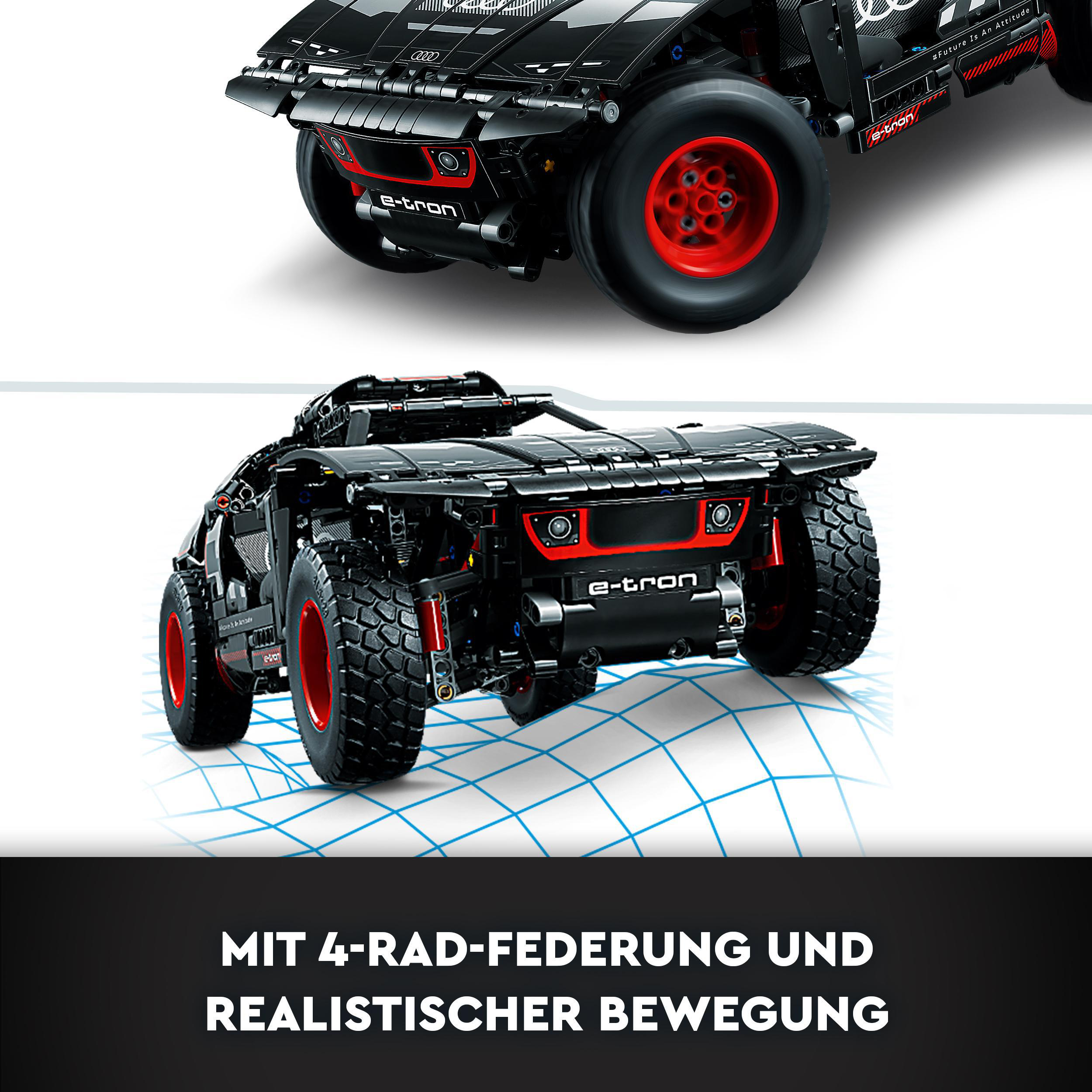 Schwarzes Spielzeugauto mit roten Rädern. Der Text darunter lautet "MIT 4-RAD-FEDERUNG UND REALISTISCHER BEWEGUNG".
