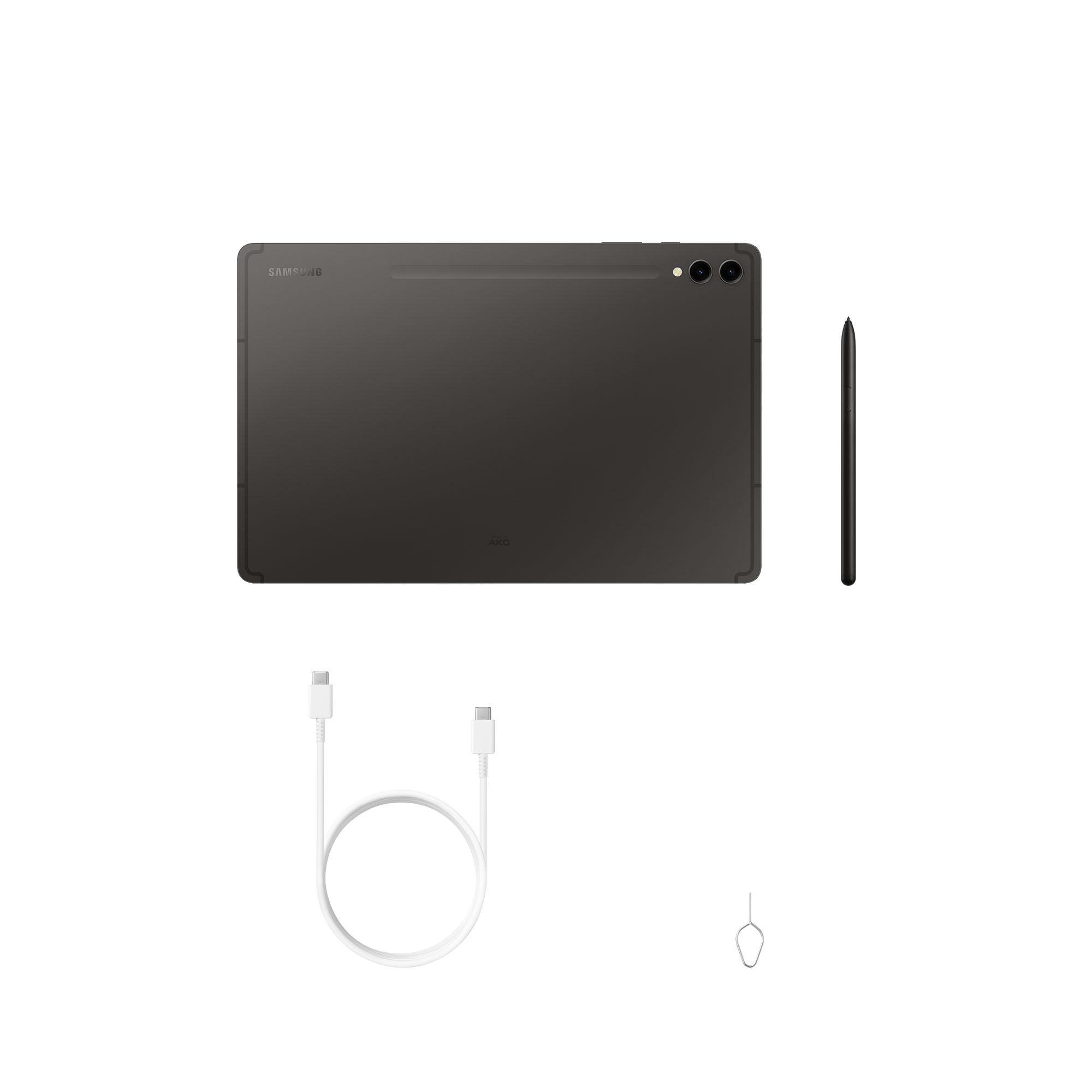 Dunkelgraues Tablet, Eingabestift, Ladekabel und SIM-Auswurfwerkzeug auf weißer Oberfläche.