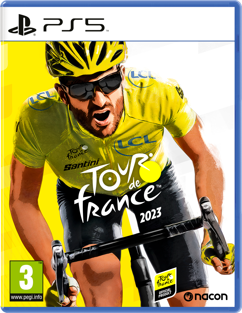 Boîtier de jeu PS5 pour Tour de France 2023. Cycliste en maillot jaune sur fond jaune.