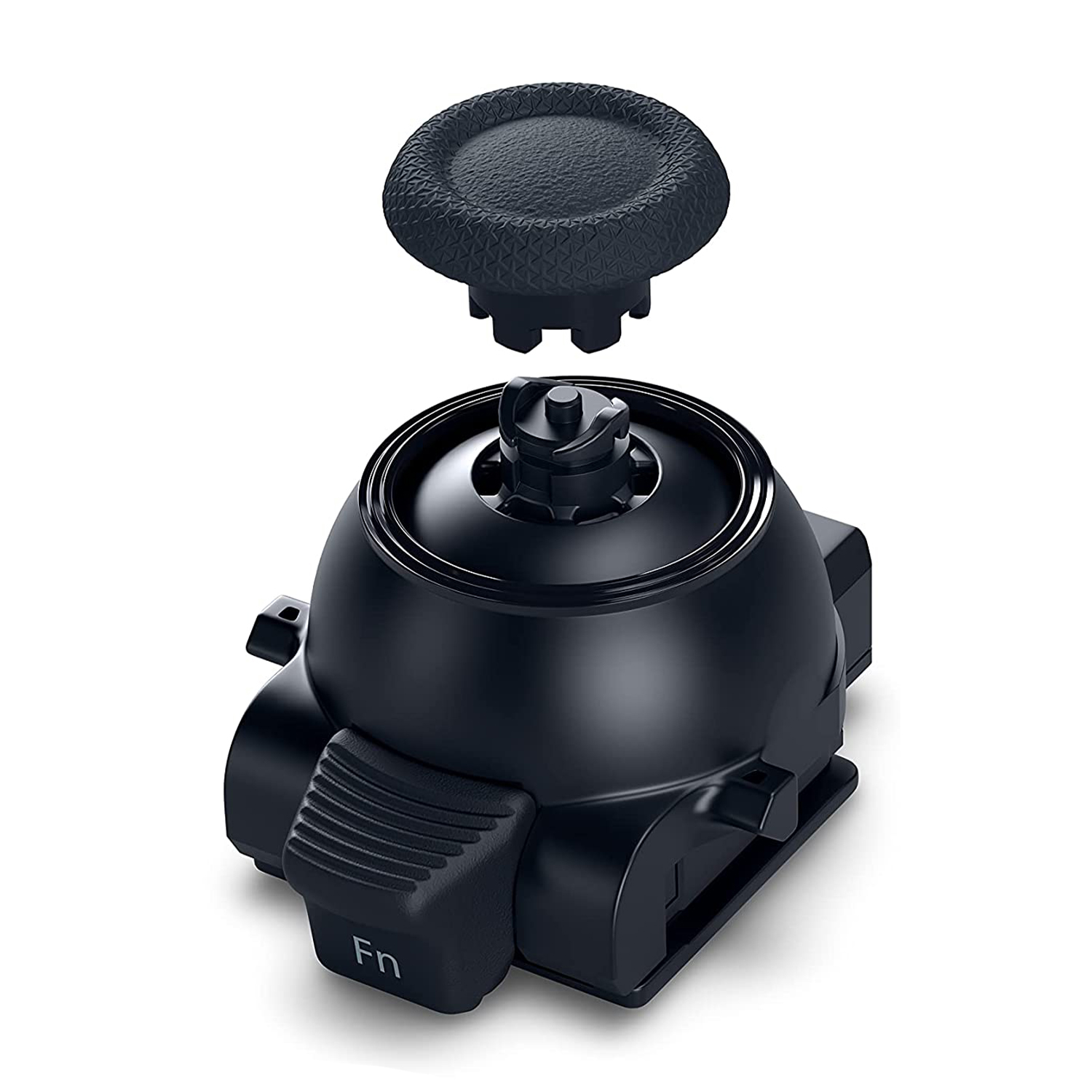 Un componente nero del controller con il cappuccio del joystick staccato, che mostra la base e il pulsante.