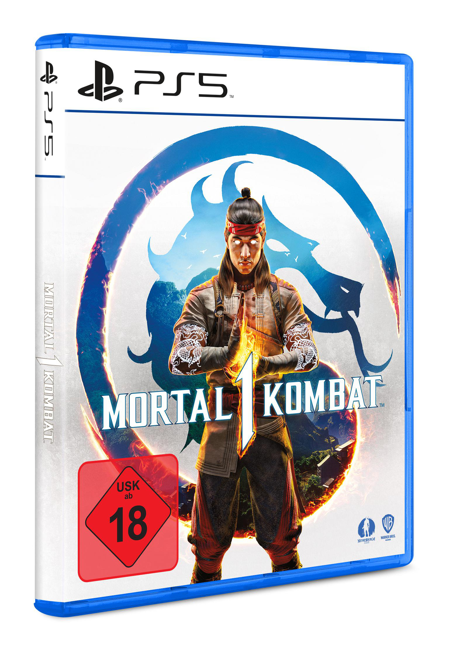Die Mortal Kombat 1 Spielbox wird gezeigt, die eine Figur mit rotem Stirnband zeigt.
