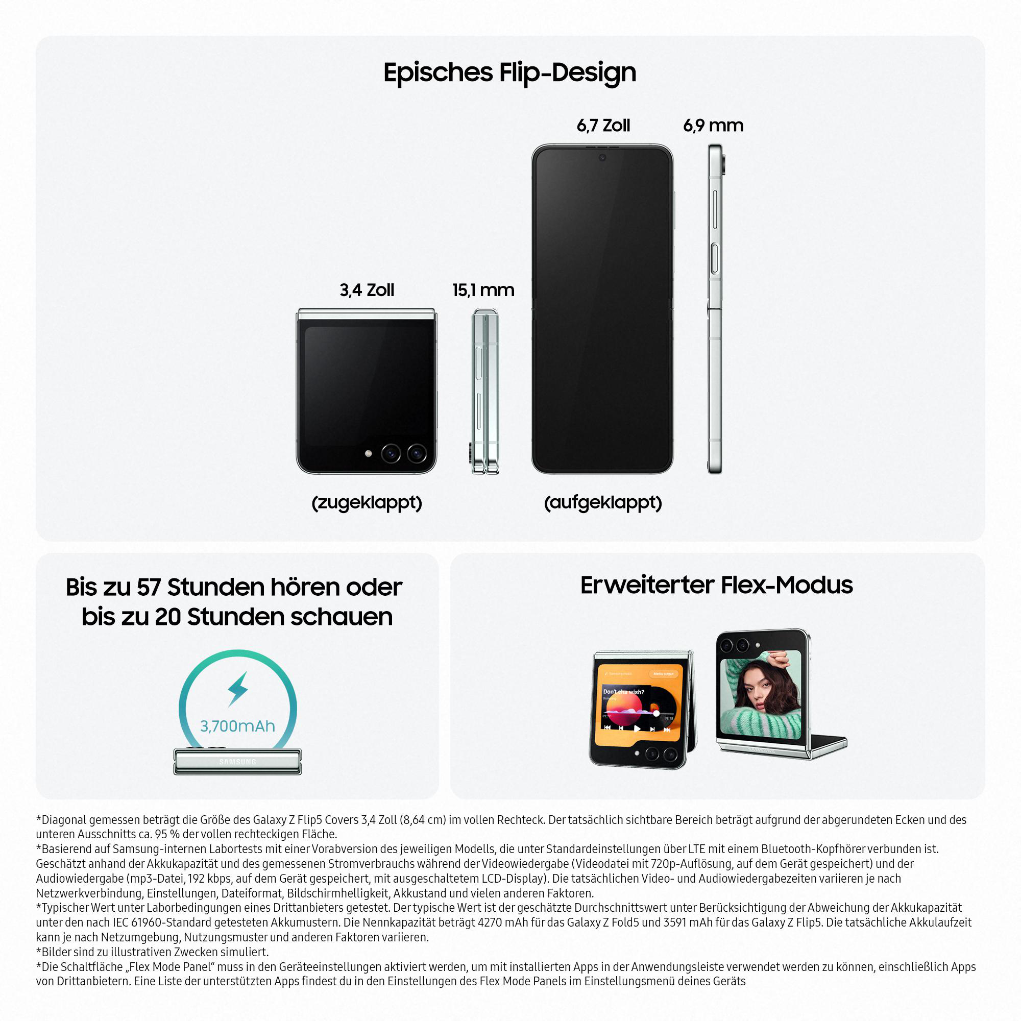Diagramm, das ein gefaltetes und ungefaltetes Telefon mit Abmessungen, Akku und einer Grafik von zwei geöffneten Telefonen zeigt.