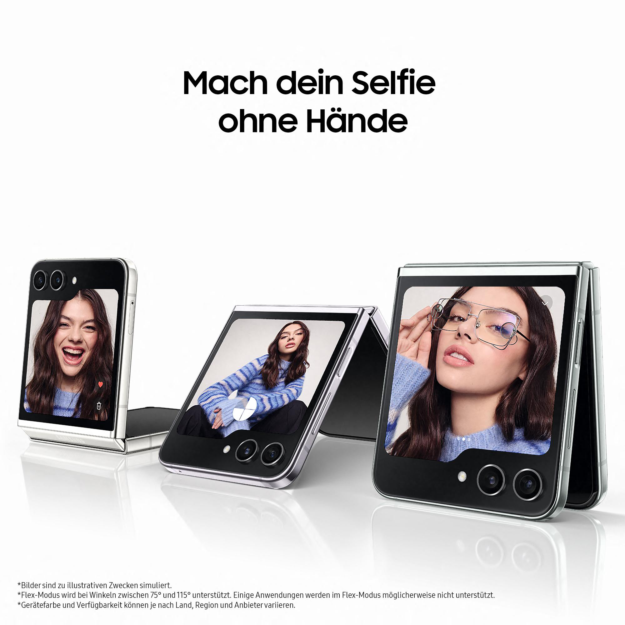 Drei faltbare Telefone in verschiedenen Positionen. Text: 'Mach dein Selfie ohne Hände'.