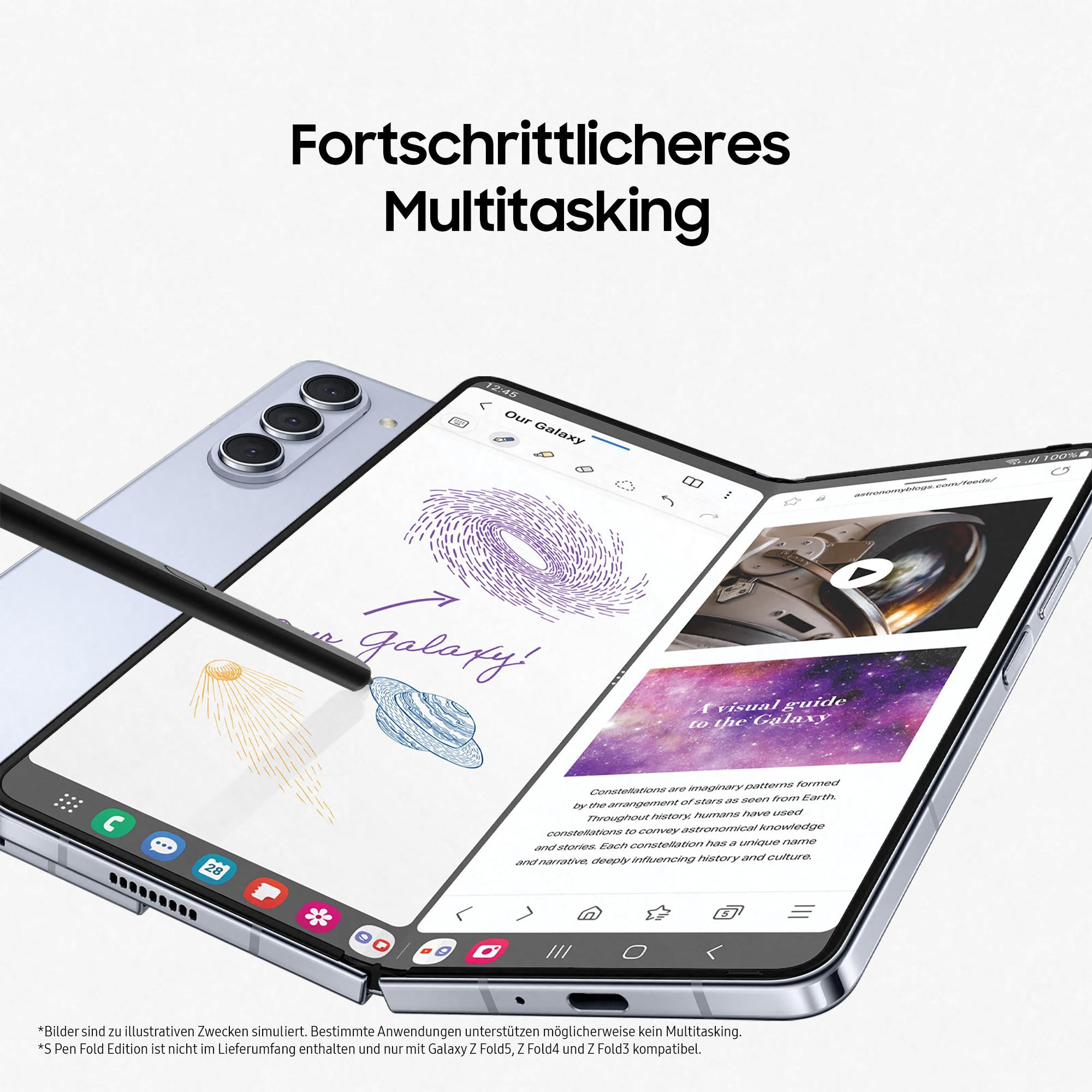 Ein faltbares Telefon mit Stift zeigt zwei Apps. Eine zeigt eine Zeichnung, die andere einen Artikel.