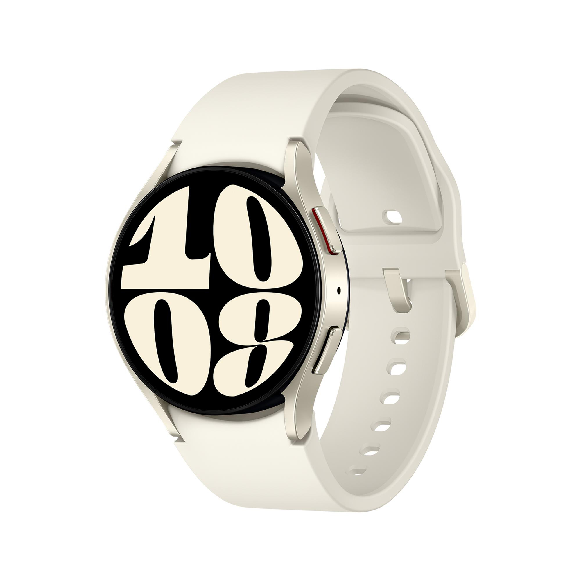 Weiße Smartwatch mit schwarzem Bildschirm mit den Zahlen 10 und 09. Weißes Armband und silberne Zierleiste.