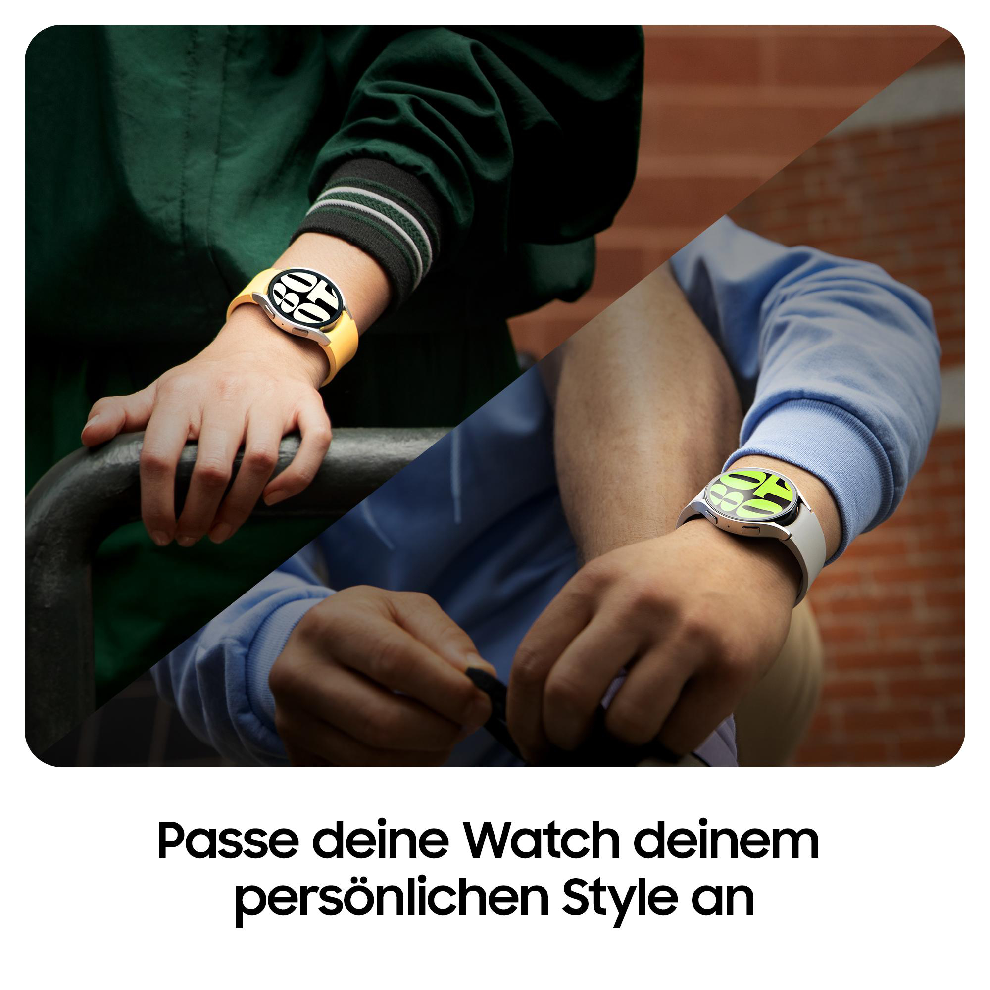 Zwei Personen tragen Smartwatches, eine mit gelbem Armband, eine mit weißem Armband.