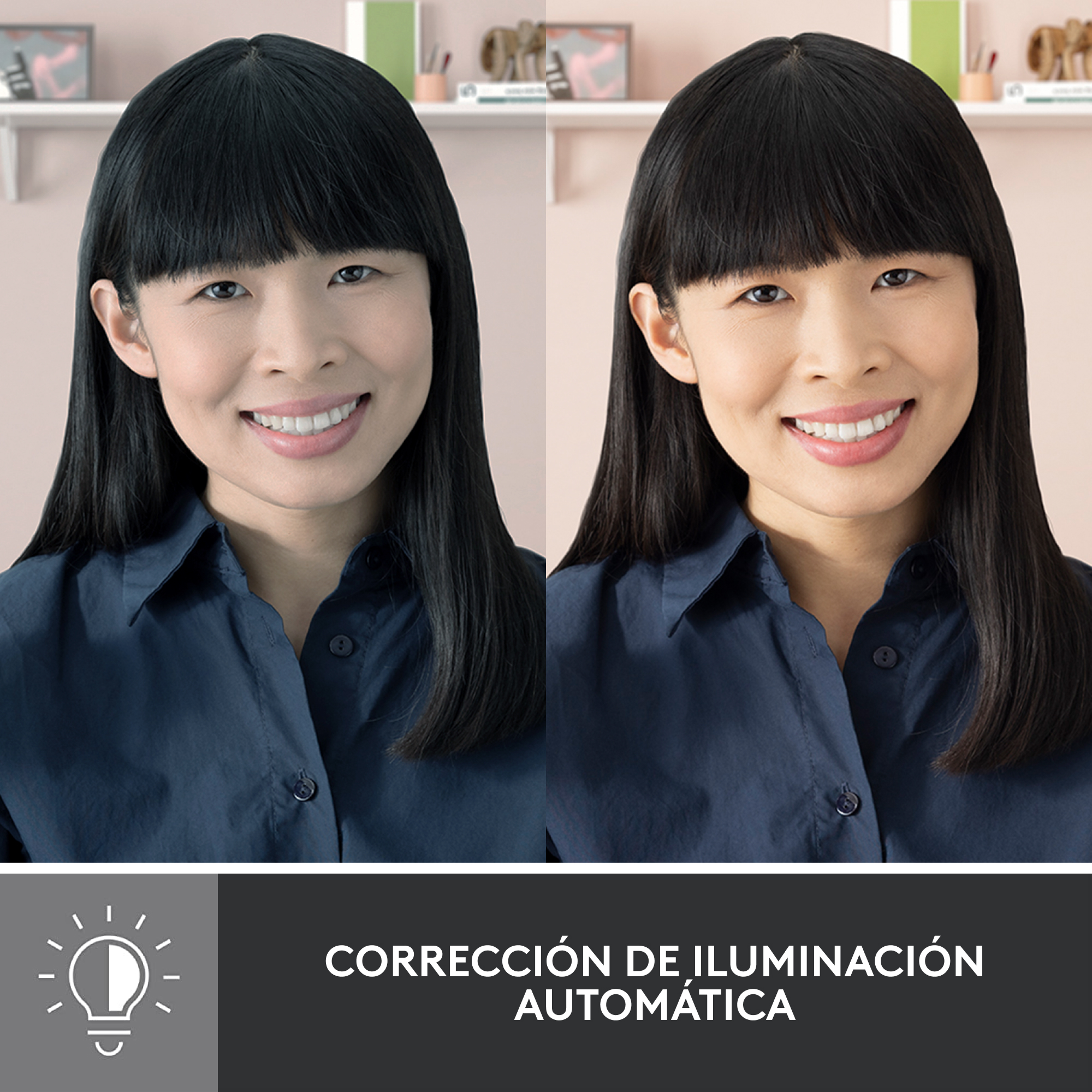 Cara de mujer con dos versiones de la misma imagen, ilustrando corrección de luz automática.