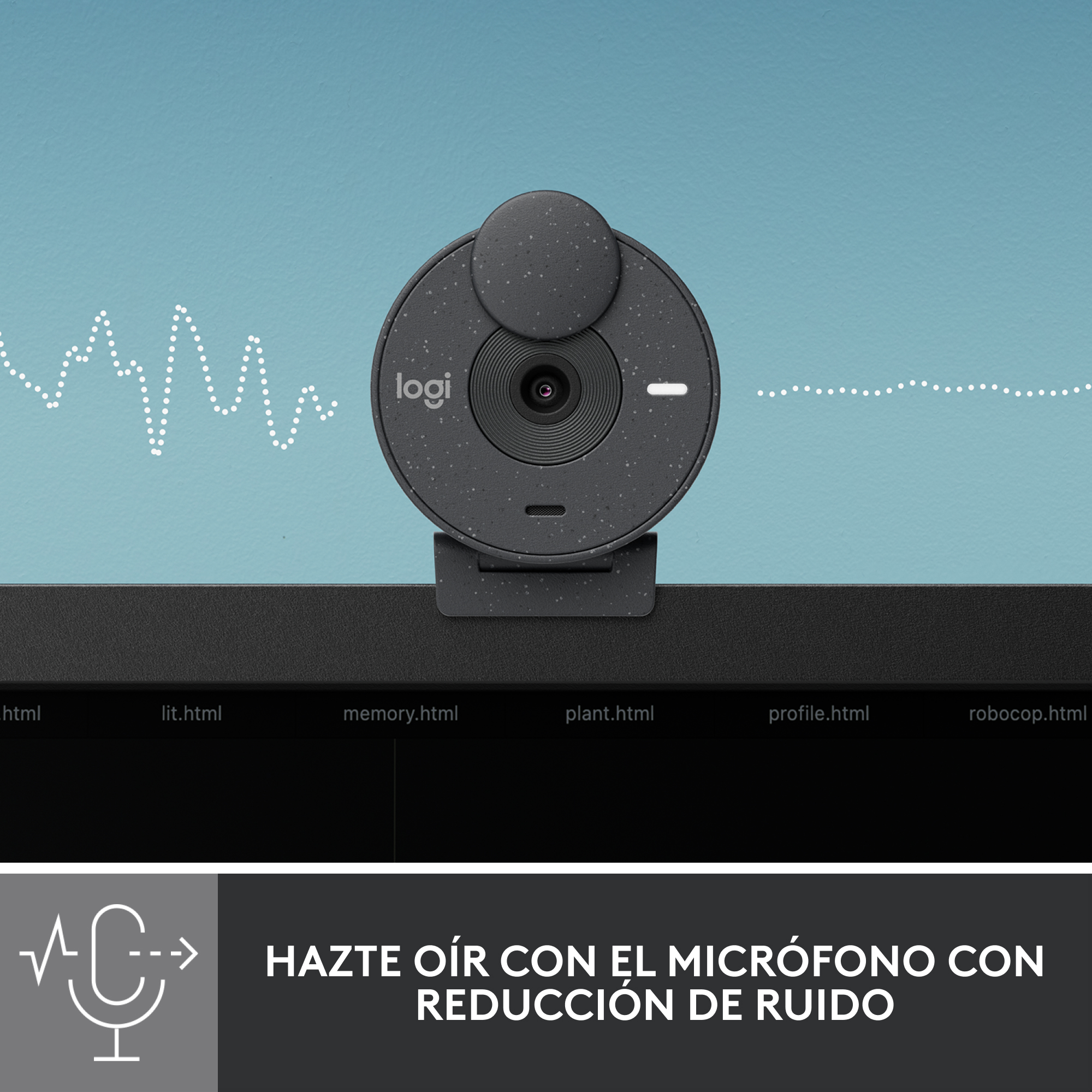 Webcam en una pantalla, texto 'Hazte oír con el microfono con reducción de ruido'. Fondo azul.