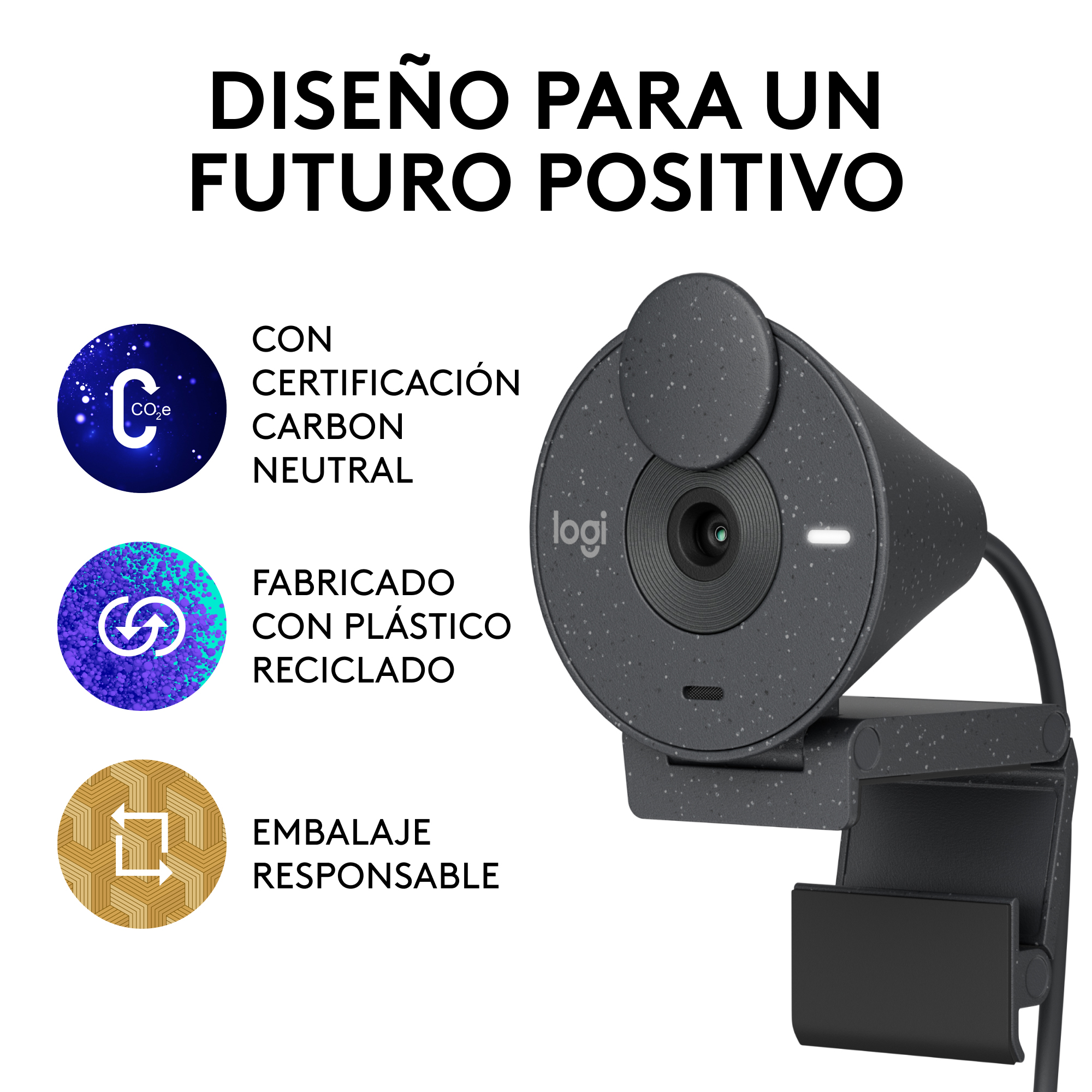 Cámara web con texto e iconos. Tiene un cuerpo gris oscuro y un montaje negro.