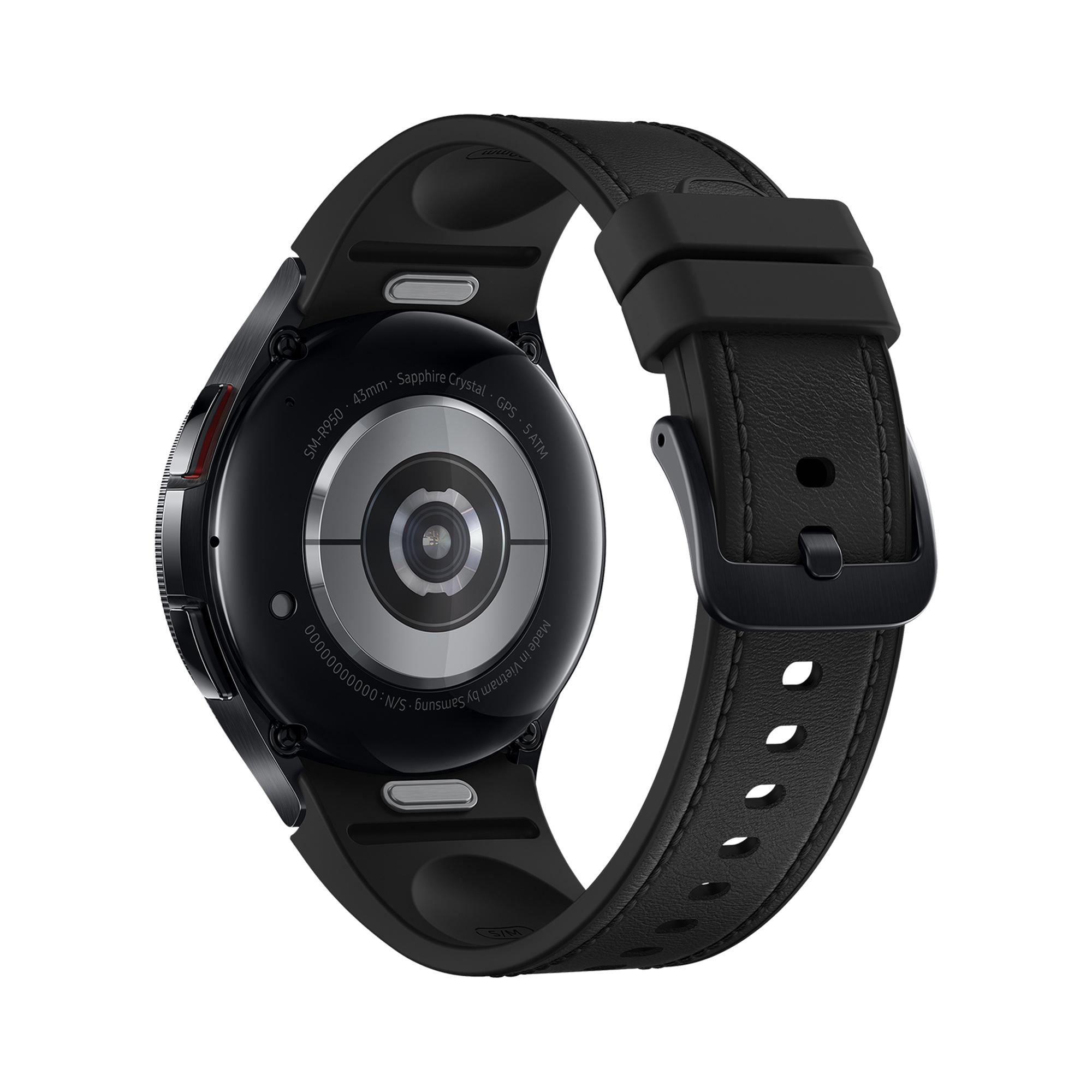 Rückansicht einer schwarzen Smartwatch. Die Uhr hat ein schwarzes Armband und ein kreisförmiges Design.