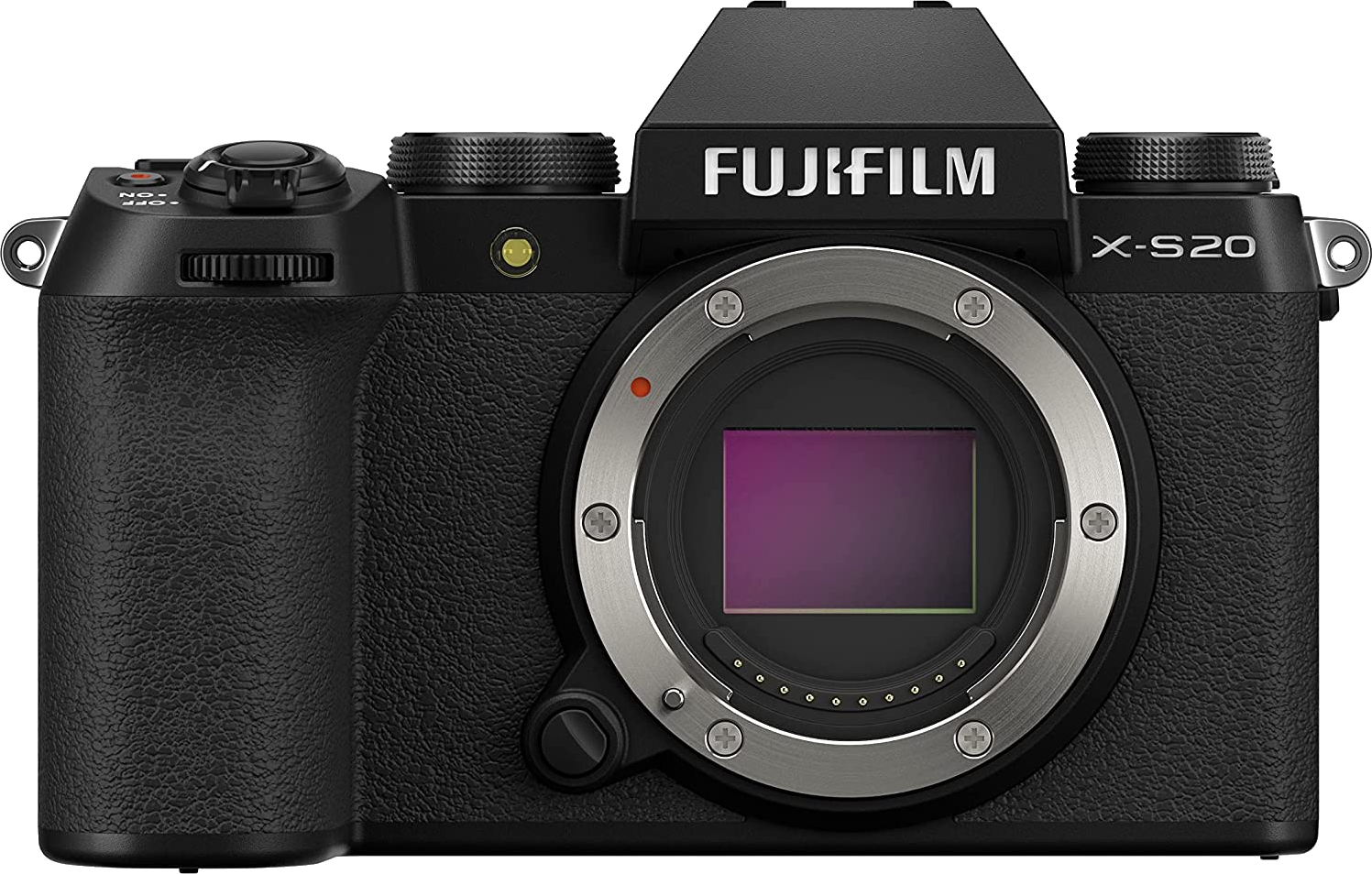 Schwarze Fujifilm X-S20 Kamera, nach vorne gerichtet. Objektiv in der Mitte.