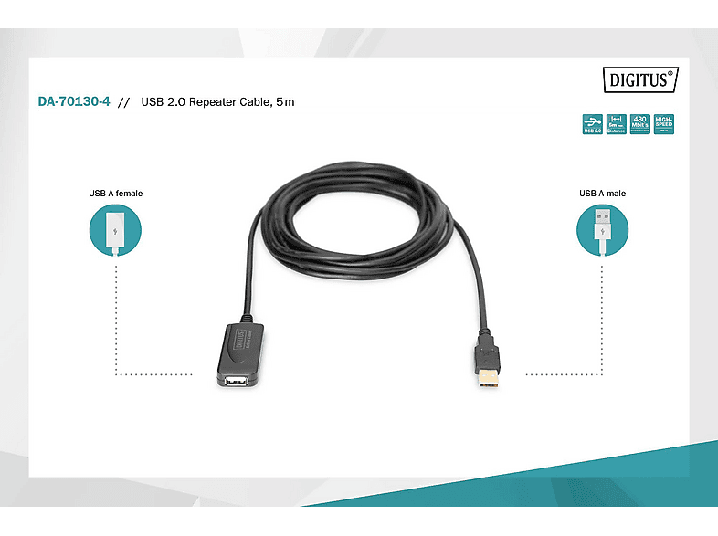 DIGITUS DA-70130-4 Aktives USB 2.0 Verlängerungskabel, 5 Meter, Schwarz; Verlängerungskabel----Verlängerungskabel — Foto 3 von 3
