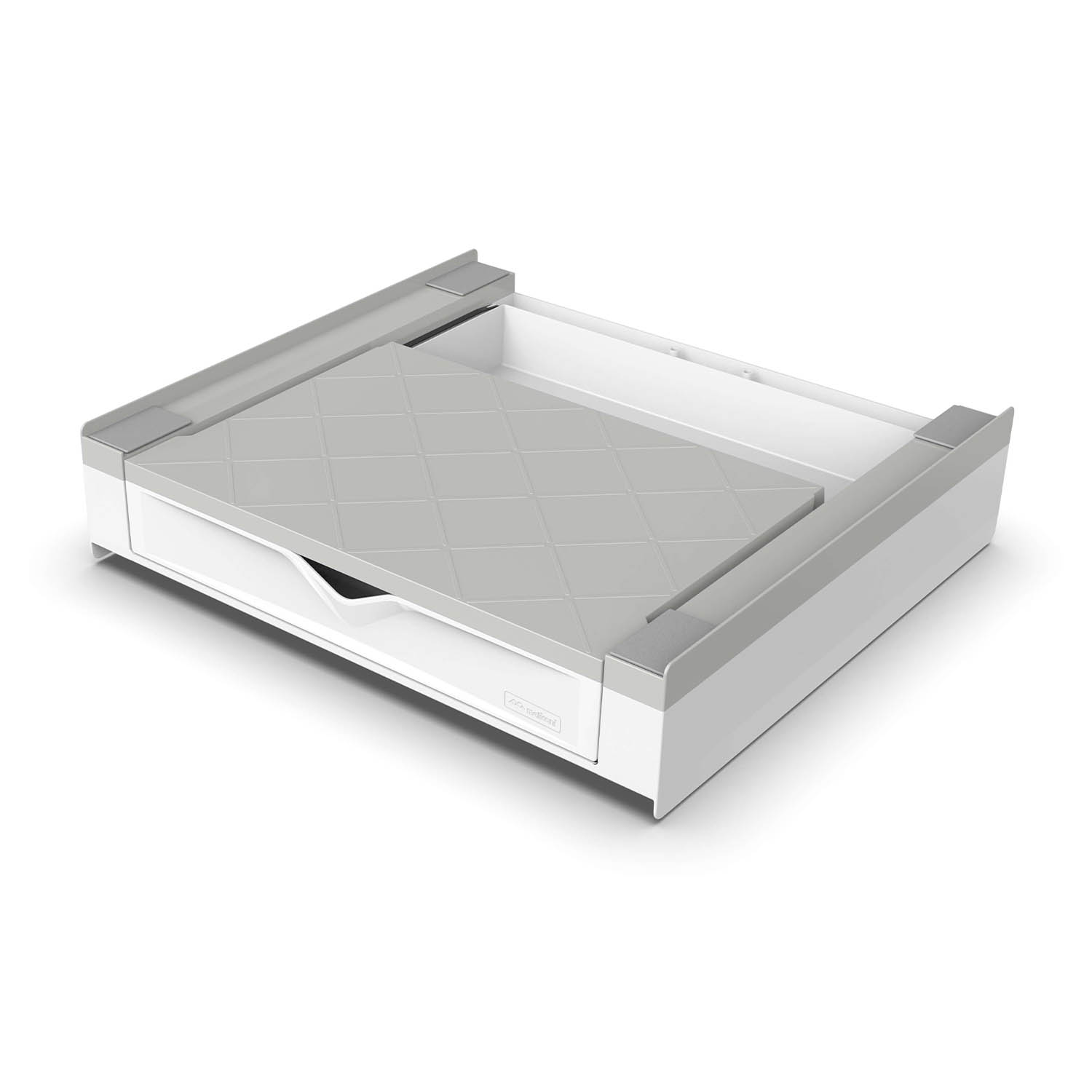Un cassetto scorrevole bianco e grigio. Un cassetto bianco è di fronte a una superficie scorrevole grigia a motivo di diamanti.