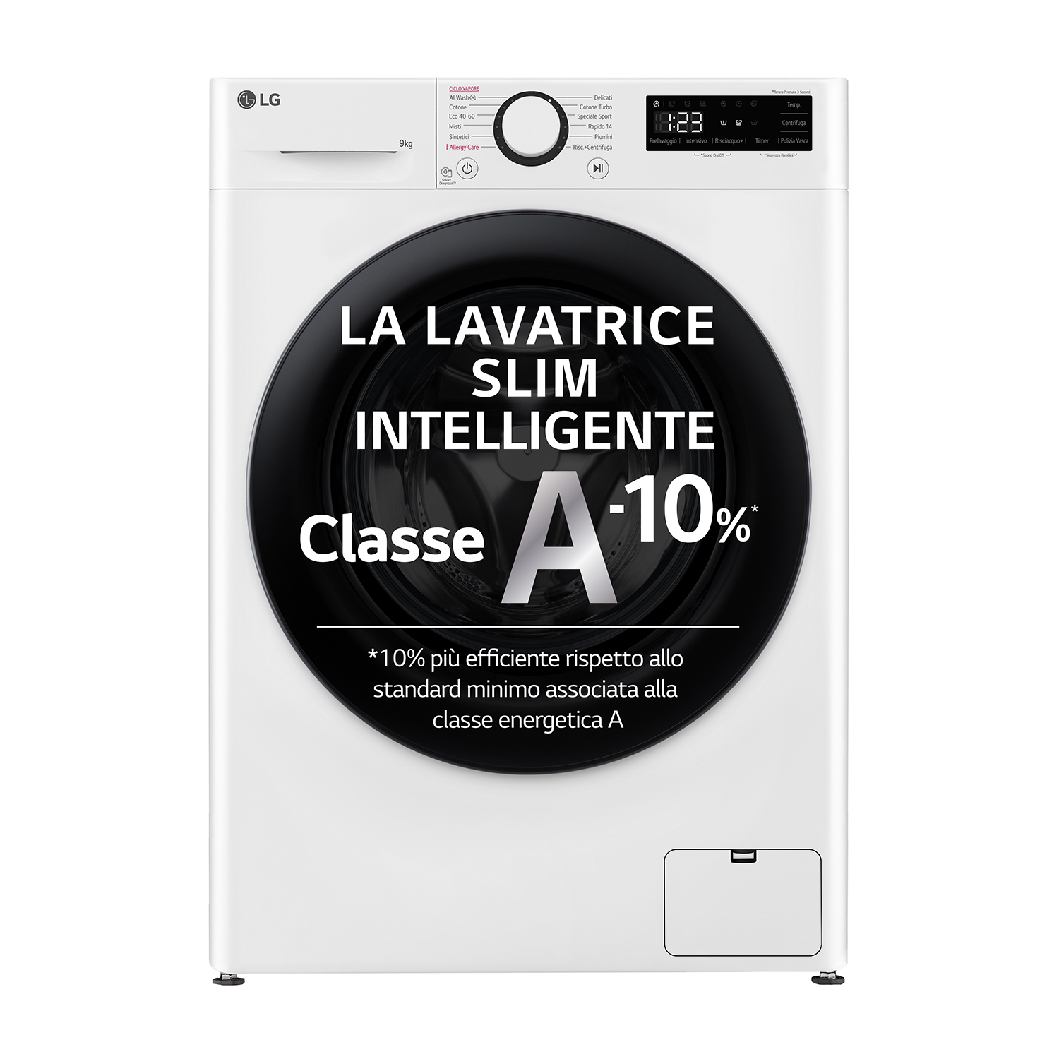Lavatrice LG bianca, con porta nera e schermo. Etichetta A-10%.