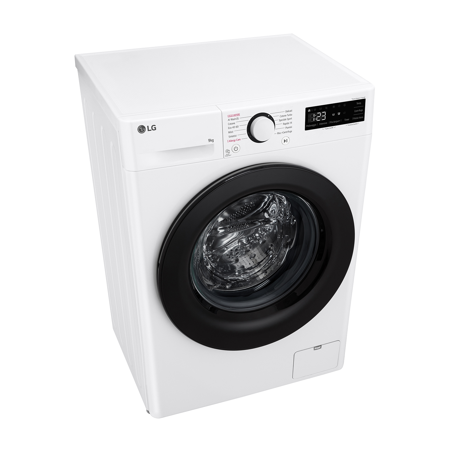 Lavatrice bianca con porta nera, controlli e logo LG sulla parte superiore.