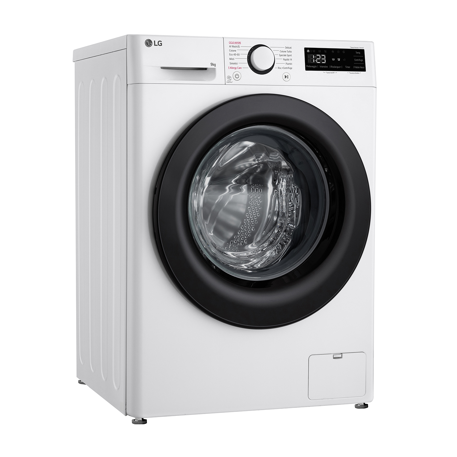 Lavatrice LG bianca con porta nera e pannello di controllo.