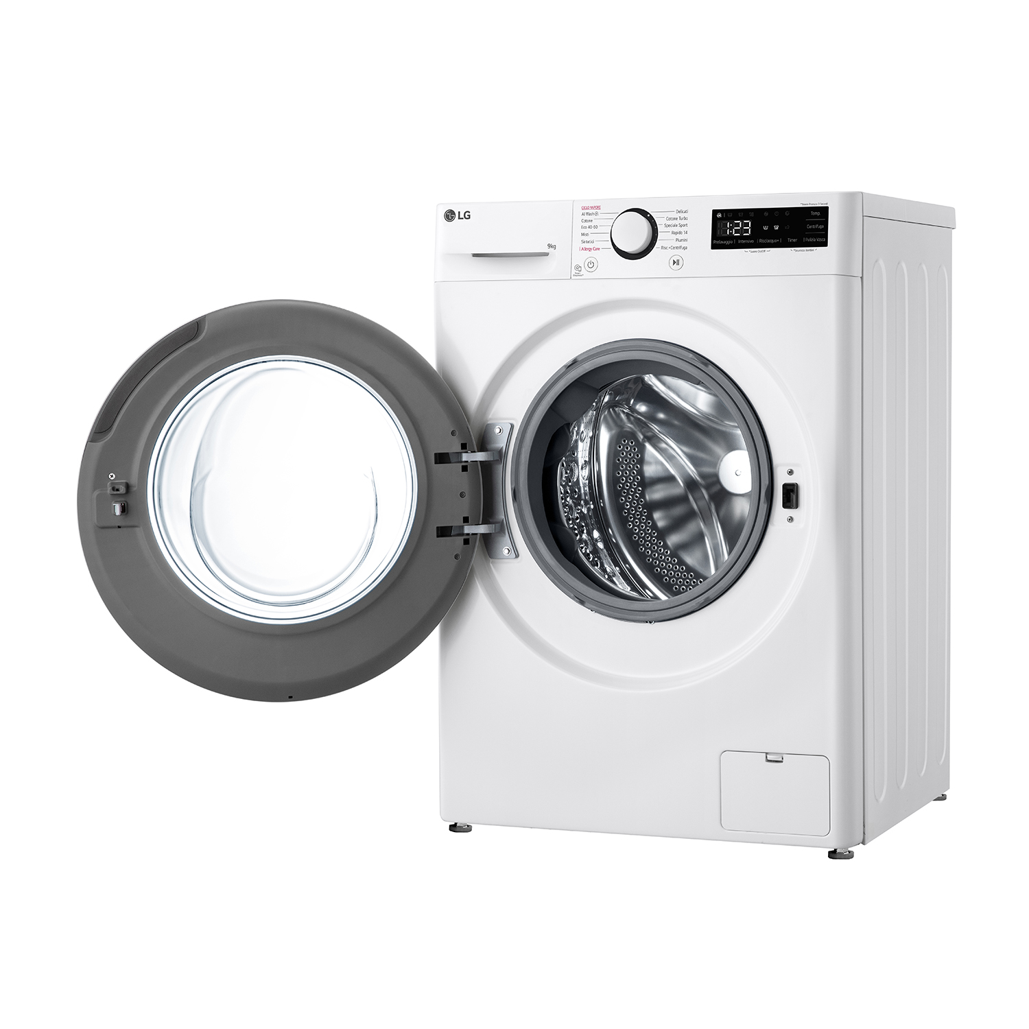 Lavatrice bianca con porta aperta. Telaio porta grigio, pannello comandi nero e display digitale.