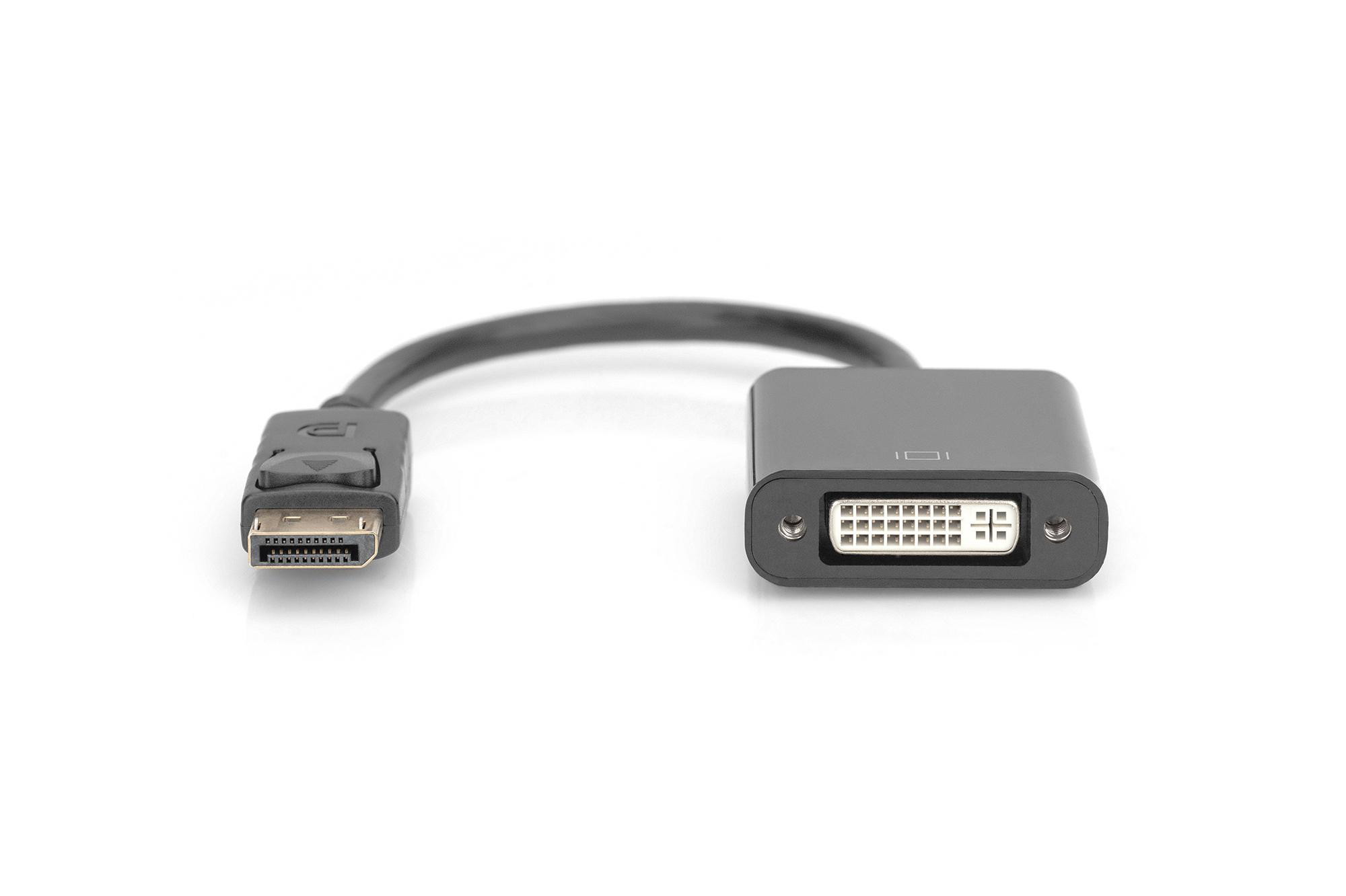 Ein schwarzes DisplayPort-zu-DVI-Adapterkabel auf weißem Hintergrund, isoliert.