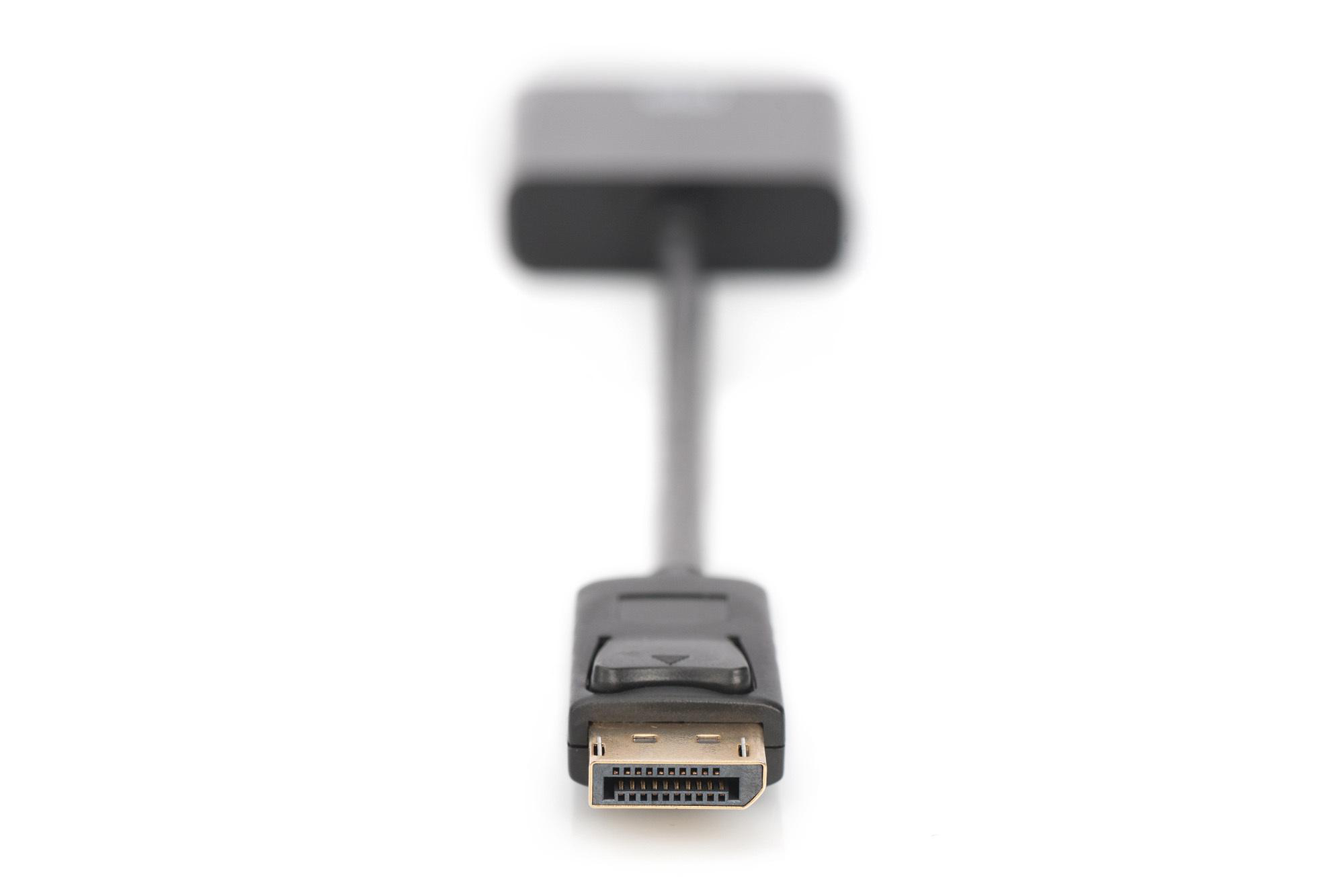 Schwarzes Adapterkabel mit DisplayPort-Anschluss, weißer Hintergrund.