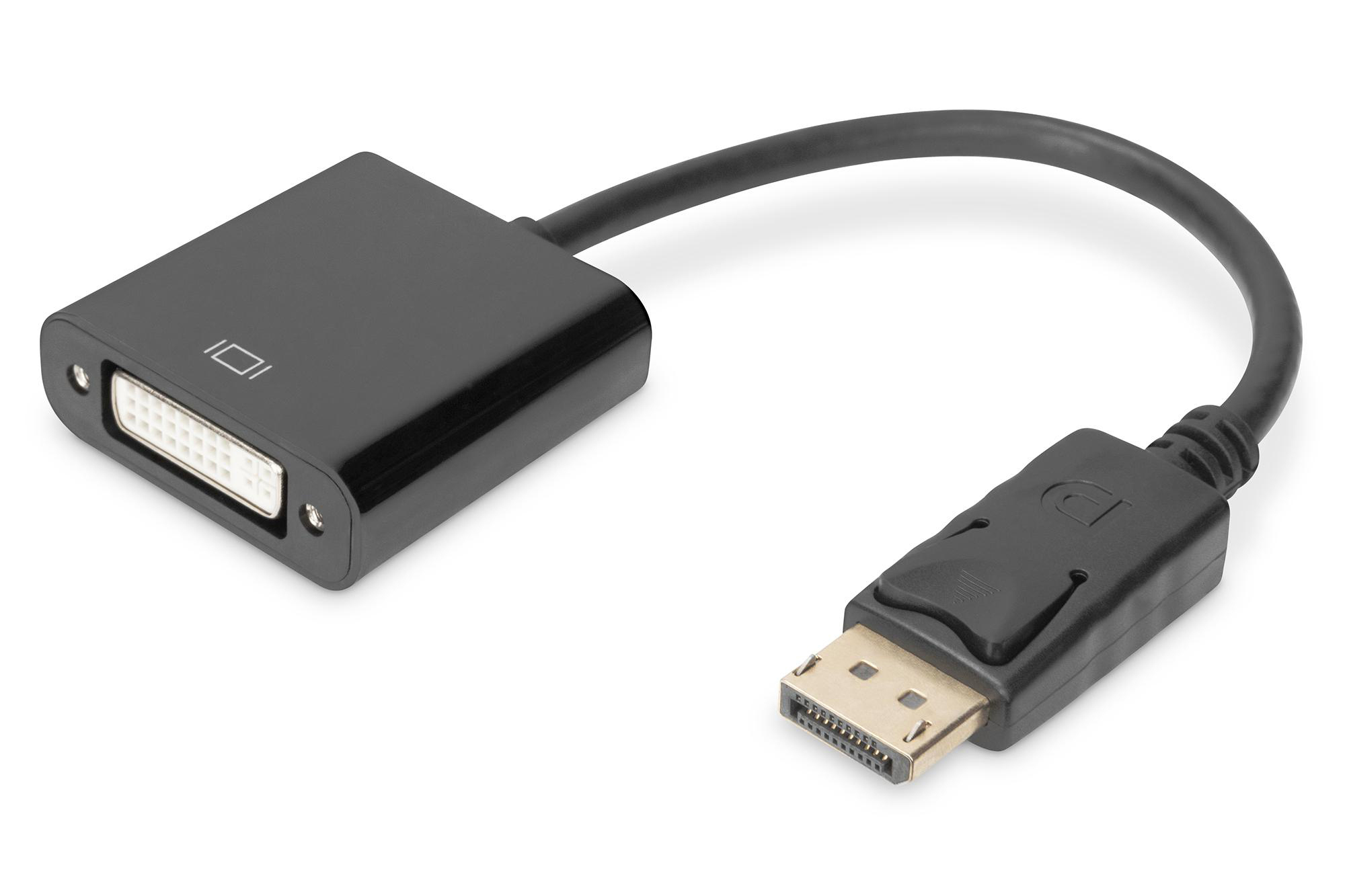 Schwarzer DVI-zu-DisplayPort-Adapter. Er hat einen DVI-Anschluss an einem Ende und einen DisplayPort am anderen.