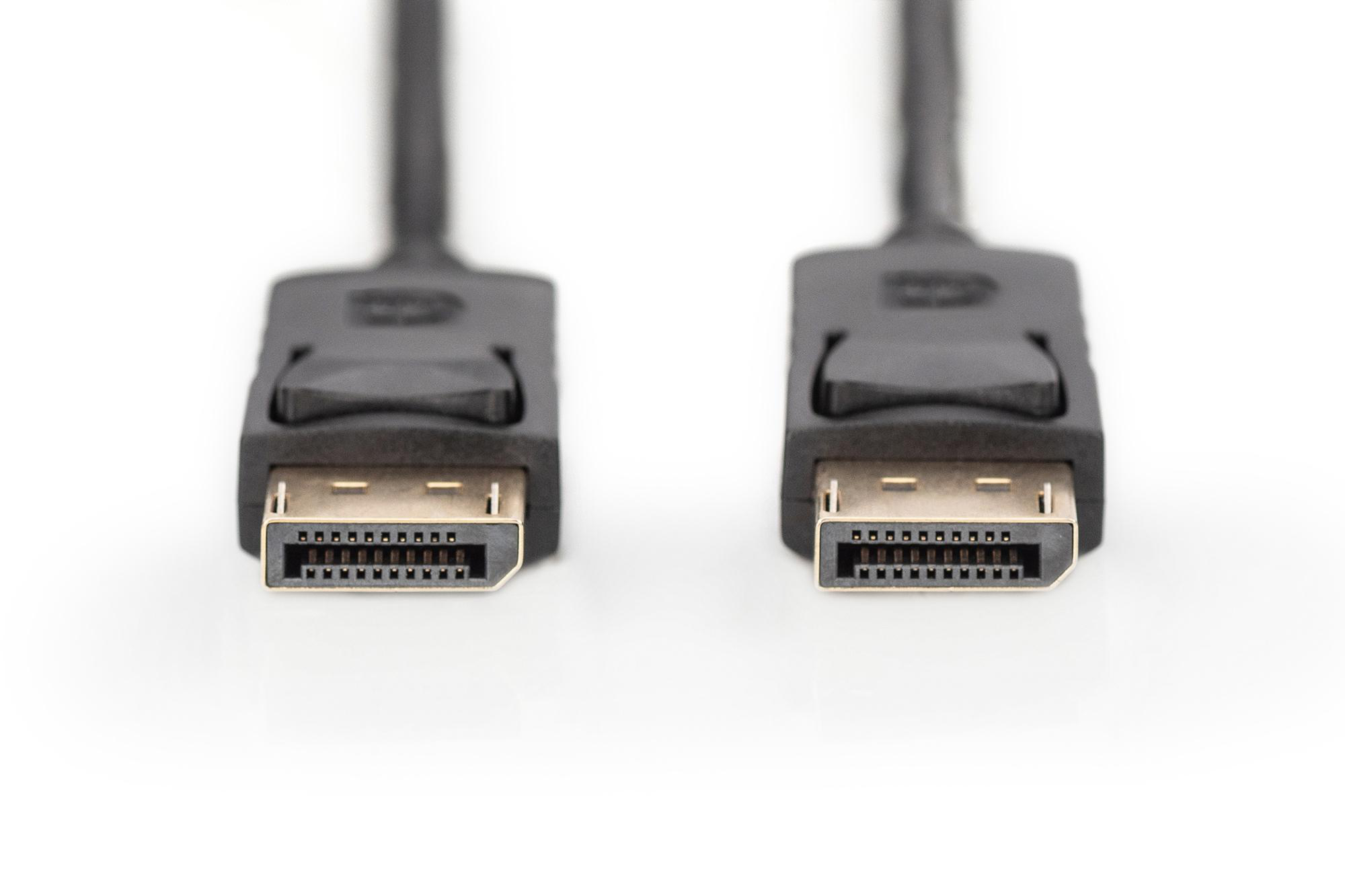 Zwei schwarze DisplayPort-Kabel mit Anschlüssen auf weißem Hintergrund.