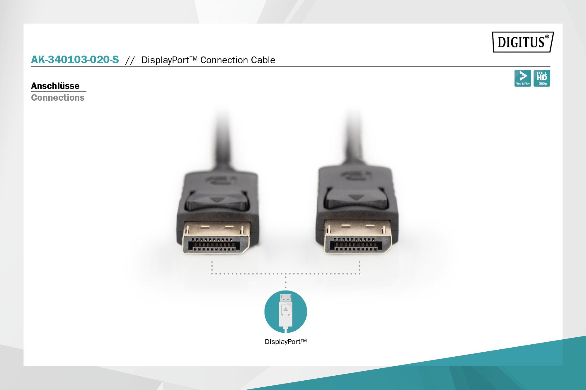 Zwei DisplayPort-Anschlüsse, verbunden durch ein schwarzes Kabel, mit USB-Symbol darunter.