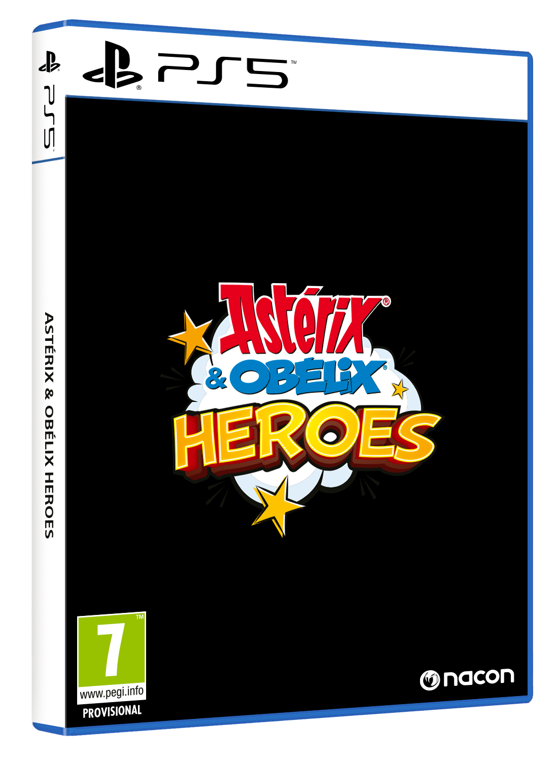 Caja de juego PS5 con logo 'Asterix & Obelix HEROES' y calificación '7' sobre fondo negro.